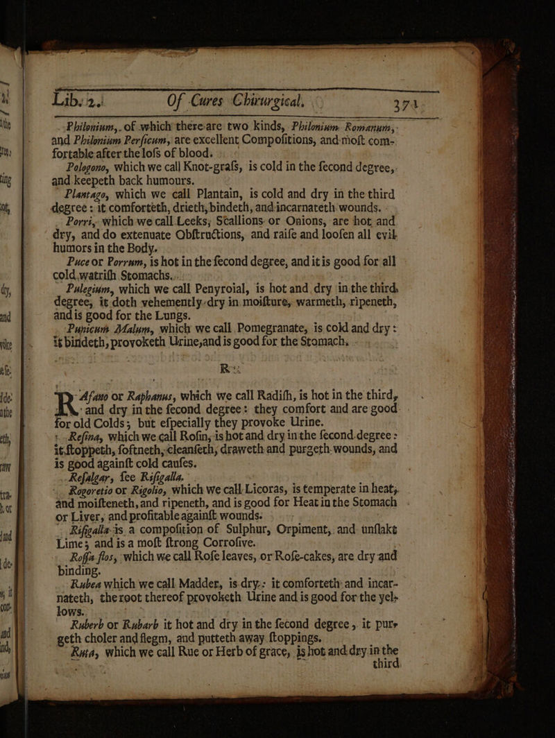 _:Philonium,.of which there-are two kinds, Philoninm Romanum, and Philonium Perficum, are excellent Compofitions, and-moft com-., fortable after thelofs of blood. « Polegono, which we call Knot-grafs, is cold in the fecond degree, . and. keepeth back humours. | | - Plaatago, which we call Plantain, is cold and dry in the third degree : it comforteth, drieth, bindeth, and:incarnateth. wounds. - Porriy which we call.Leeks; Scallions-or Onions, are hot and dry, and do extenuate Obftructions, and raife and loofen all evit humors in the Body. Puce or Porram, is hot in the fecond degree, and itis good for all - cold watrifh Stomachs.... 7 Pulegium, which we call Penyroial, is hot and dry ‘in the third, degree, it doth vehemently.dry in. moifture, warmeth, ripeneth, and is good for the Lungs. Punicum Malum, which we call Pomegranate, is cold and dry = it bindeth, provoketh Urine,and is good for the Stomach, .. Rus | Rae or Raphanus, which we call Radifh, is hot in the third, SLX: and dry in the fecond degree: they comfort and are good. - for old Colds; but efpecially they provoke Urine. : .Refina, which we call Rofiny is hot and dry inthe fecond.degree: . it.ftoppeth, foftneth, cleanfech, draweth and purgeth.wounds, and — is good againft cold caufes. . Refalgar, fee Rifigalla. . us oie . Roporetio or Rigolio, which we call Licoras, is temperate in heat}. and moifteneth, and ripeneth, and is good for Heatinthe Stomach . or Liver, and profitable againft wounds. | ! . Rifgallats.a compofition of Sulphur, Orpiment,: and. unflake Lime; and is a moft {trong Corrofive. | Roffi fos, which we call Rofe leaves, or Rofe-cakes, are dry and binding. | Rubea which we call Madders, is.dry-: it comforteth: and incar-— nateth, theroot thereof provoketh Urine and is good forthe yel+ lows.. biaes Ruta, which we call Rue or Herb of grace, is hot and Hayes ; toiwd:
