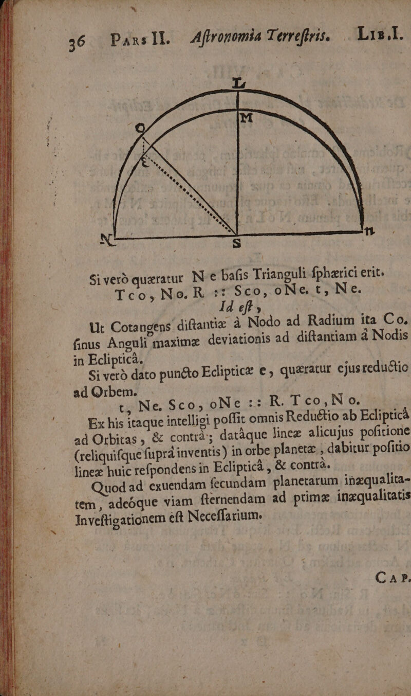 TOT 36 PaxsIL Alronomia Terreflris. — Liz.I. N j S Si verb queratur. IN. € bafis Trianguli fpherici erit. Tco, No. R :: Sco, oNe. t, Ne. I4 eft y Ut Cotangens diftantiz à Nodo ad Radium ita Co, (inus Anguli maxime. deviationis ad diftantiam à INodis in Eciptica. : Si veró dato pun&amp;to Ecliptice e, qu&amp;ratur ejusreductio ad Qrbem. | 2n t, Ne. $co, oNe :: R.Tco,No. Ex his itaque intelligi poffit omnis Redu&amp;tio ab Edipticá ad Orbitas , &amp; contra ; datàque linez alicujus pofitione (reliquifque fupra inventis) in orbe planeta: , dabitur pofitio linez huic refpondens in Eclipticà , &amp; conttà. Quod ad exuendam fecundam planetarum ingqualita- tem , adeóque viam flernendam ad primz inzqualitaus Inveftigationer eft Neceffarium. | C A 9.