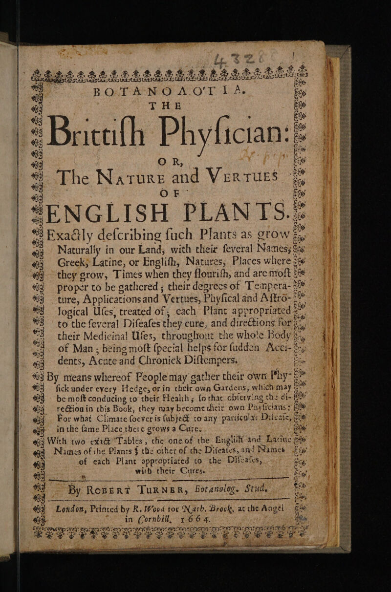 THE : i RB to “Bricath Phyfician:: “ OR 4 £ # The Narurs and Vertues : ee Ete ¢ on Me, eee 4 C ) 8s Naturally in our Land, with their feveral Names; a Greek} Latine, or Englith, Natures; Places where i they grow, Times when they flourifh, and aremoft 3 proper to be gathered ; their degrees of Tempera- a ture, Applications and ‘Vertues, Phyfi cal and Affro- 2% logical Utes; treated of, each Plane appropriated 3 to the feveral Difeafes they cure, and direchions for io cw their Medicinal Ufes, througlro: 1¢ the whole Body &amp; ae of Man ; being moft {pecial helps f for fudden Acei- ty dents, Acate and Chronick Diftempers. Rt, aa a #3 “fick under every Hedge, orin reeics own Gardens, which may ¢ Ene #3 be moft ‘conducing to their Health; forhac cbferving the di- Eke Hy reGionin chis Book, they may become telr own Pasficians s ie 32 For what Climate foeveris fubjeat to any parsicalar Dilcate, ie “8 in the fame Place rhere grows a Cure. re 4 With two exidt Tables, the one of the Enguily and Latioc pie = ke Cee #3 of each Planet appropriated co the Ditcates, cy Fe with their Cures. oe Tie &amp; eating ue : rey : MM oy By ROBERT TurRNER, Botanolog. Stud, fc i London, Printed by R. Wood tor Noarb. Brovk, ac che Angel oe oe in (ornbill, 566 4. Pes “3 BSconene cet sng way TAOS GOT AN TATA EAT EOT NO err ena mae Ga Re = a ‘eS P &gt; ge Be ‘i oe “ Ae SS “aS eg aes rt RSF a ey oars :