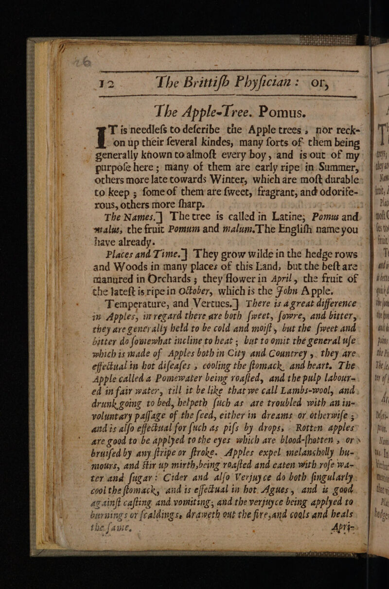 ee Ee ni ees tke} The Brittifo Phyfictan: or, The Apple-Tree. Pomus. T is needlefs todefcribe tne Apple trees, nor reck= on up their feveral kindes, many forts of: chem being | generally known coalmoft every boy, and isout of my } ttf purpofe here ; many of them are early ripe! in Summer, | tit! others more late towards. Winter, which are moft durable: | Nw to keep ; fomeof them are fweet, fragrant, and odorife-. | iit, rous, others more fharp. 7) The Names.| Thetree is called in Latine; Pomus and. | tol( talus, the fruit Pomum and malum.The Englifh nameyou — | bt have already. | a trot Places and Time. | They grow wilde in the hedge rows and Woods in many places of this Land, but the beftare | manured in Orchards ; they Hower in April, che fruit of | Mi the lateft is ripein October, whichis the Fobn Apple. qu Temperature, and Vertues.} There is agreat difference | tlm in Apples, irecard there are both fweet, fowre, and bitter, | ‘n(w they are gency ally held to be cold and moif?, but the {weet and § sli bitter do fomewhat incline to heat ; but toomit the generalufe } pun mbichis made of Apples bothin City and Countrey . they are. ¥ Mel effectual tn hot difeafes , cooling the flomack, and heart. The. | Tiel, Apple called a Pomewater being voafted, and the pulp labour. | tif) ed in fat water, till it be like that we call Lambs-wool, and. drunk going to bed, helpeth {uch as are troubled with an in- voluntary pafjage of the feed, either in dreams. or othermife ; andis alfo effectual for {uch as pifs by drops, . Rotten apples are good to be applped tothe eyes which are blood-(hotten > Ors bruifed by any {tripe or flroke. Apples expel melansholly by- nours, and stir up mirth,being reafted and eaten with rofe wa- ter and fugar: Cider and alfo Verjuyce do both fingularly cool the ftomack, and is effectual in hot. Agues, and ws goad againft cafting and.vomiting, and the verjuyce being applyed to burnings or {caldings. draweth out the fire,and coals and heals the fame. | Aptiz ESET EELS EGER ESI ig: Sh SekERSeEERE ee ae ESSE: Lo Po eS Pee ete PLES OL ee he SEATS hoe Res FG FL EUR RAT SHR RAT PORE 00 PAN ELEN AS SANTA ANY ALIEN BITE HENTAI MM re rN