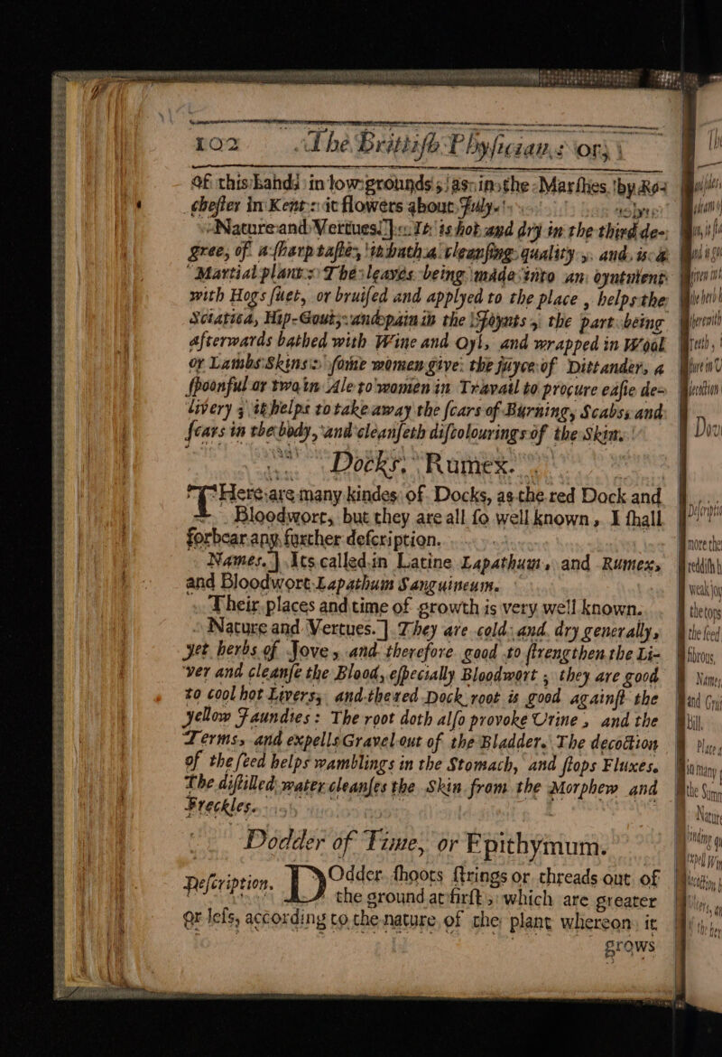 CS DEES ES Ae ES Ses Ce i A REESE ESS Re SES AES Fes EE SS ee ee pe ee ee ee eee ae Pees Pees al) SLES SSeS eas SE Se a Ft Se ee are Ry Rs ERT TS Sint ENS AE 'o LO? The Britti~o P byficiar : 23 OFS | @f this/bahdd in lowsgronnds's/asnino¢he -Mar fies by. Res _ghefter in'Kent:s it flowers ghout Fulye (ss. i * ert BE “Martial plants Thes leaves being mAdasinto an: oyntutent with Hogs fuet, or bruifed and applyed to the place , helps the Sciatica, Hip-Govt;.andpain ib the \Foyuts 5 the part. being afterwards bathed with Wine and Qyl, and wrapped in Woal or LambsSkinsi) foie momen give: the juyce-of Dittander, ¢ fpoonful-or twain Ale to women in Travail to procure edfie de= livery 4 th helps to takeaway the {cars of Burning, Scabsvand fears in the body, ‘and'cleanfeth diftolourings: of the Skim.’ Docks, Rumex. | y- Here.are many kindes: of. Docks, as. the.red Dock and >. Bloodworr, but they are all fo well known, I thall forbcar.any, further defcription. | Names.) Atscalledin Latine Lapathum, and Rumex, and Bloodwort-Lapathum Sanguincum. ° 7 Their. places and time of growth is very well known. » Nature and Vertues. |. They are cold: and. dry generally, Jet herbs of Jove and therefore goad .to firengthen the Li- ‘ver and cleanje the Blood, efpecially Bloodwort , they are good to cool hot Lwers; and-thexed Dock root is good againft the yellow Faundies: The root doth alfo provoke Urine» and the Terms, and expellsGravelout of the Bladder. The decoction of the (eed helps wamblings in the Stomach, and flops Fluxes. The diftiled water cleanfes the Skin from the Morphew and Precklese iss vio coy Bie eke ~Dodéder of Time, or Fpithymum. Beil: \Odder. fhoors {trings or. threads out. of Defcription. ; Pare g ! QUE O} to!) i the ground arfirlt's: which are greater QF lels, according to che nature ef che; plant whereon: ir ica . , SrOWS nen ms ihe herd ihe th Brecth, | [Ubi 4 Ii i / Wl we i U | jecection | B weak joy | thetors B the feed B firoys B Name, | and Cry Bil. Bla 4 Nature Nop tt! Wo if ny OCF 0 h ! y Pe as ete | { Th all? fav yy