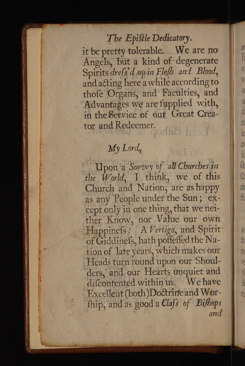 ~The Epistle Dedicatory. Spirits drefs'd.upin Flefh and Blood, and acting here a while according to thofe Organs, and Faculties, and Advantages we are fupplied with, in theService of our Great Crea- tor and Redeemer. My Lord, the World, \ think, we of this Church and Nation, are as happy as any People under the Sun; ex- cept only in one thing, that we net- ther Know, nor Value our own. Happinefs: A Vertigo, and Spirit of Giddinefs, hath pottefied the Na- tion of late years, which makes our ‘Heads turn round upon our Shoul- ders,’ and, our Hearts unquiet and difcontented within us. We have ‘Excellent (both)Do&amp;trirteand Wor- fhip, and as good a Clafs of Bifhops | : and