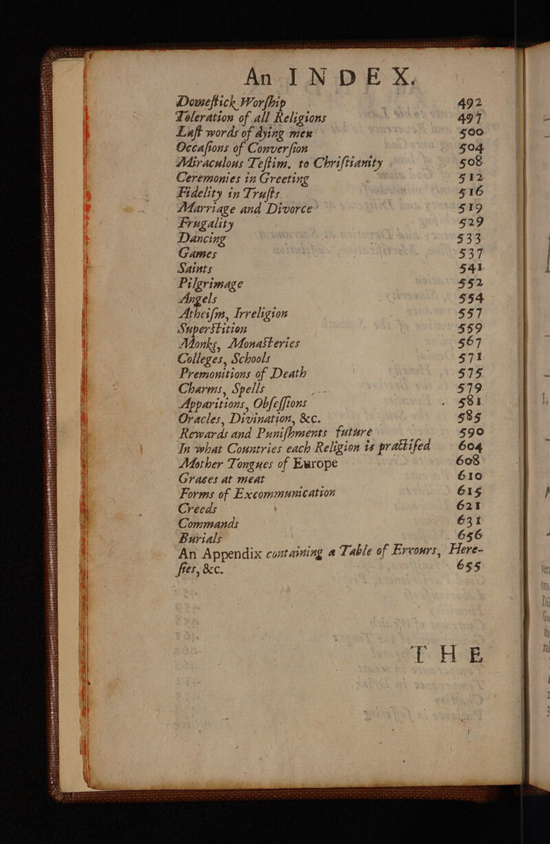 penineerest peers oe canta Tardis aria iter erarene eee eits Doweftich Worfbip Toleration of all Religions Luft words of dying mex Occafions of Conver fion Miraculous Teftim, to Chriftiamty Ceremonies in Greeting Fidelity in Trufts Marriage and Divorce Frugality Dancing Games Saints Pilgrimage Angels Athei{m, Irreligion Superstition Monks, Monasteries Colleges, Schools Premonitions of Death Charms, Spells ee Apparitions, Obfeffions Oracles, Divination, &amp;c. Rewards and Punifhments future Mother Tongues of Ewrope Graces at meat Forms of Excommumcation Creeds Commands Burials 492 497 500 504 508 512 516 S19 529 533 537 $41 S52 554 $57 559 $67 $71 $75 $79 585 585 599 604 608 610 615 621 631 656 fees, &amp;e. 655