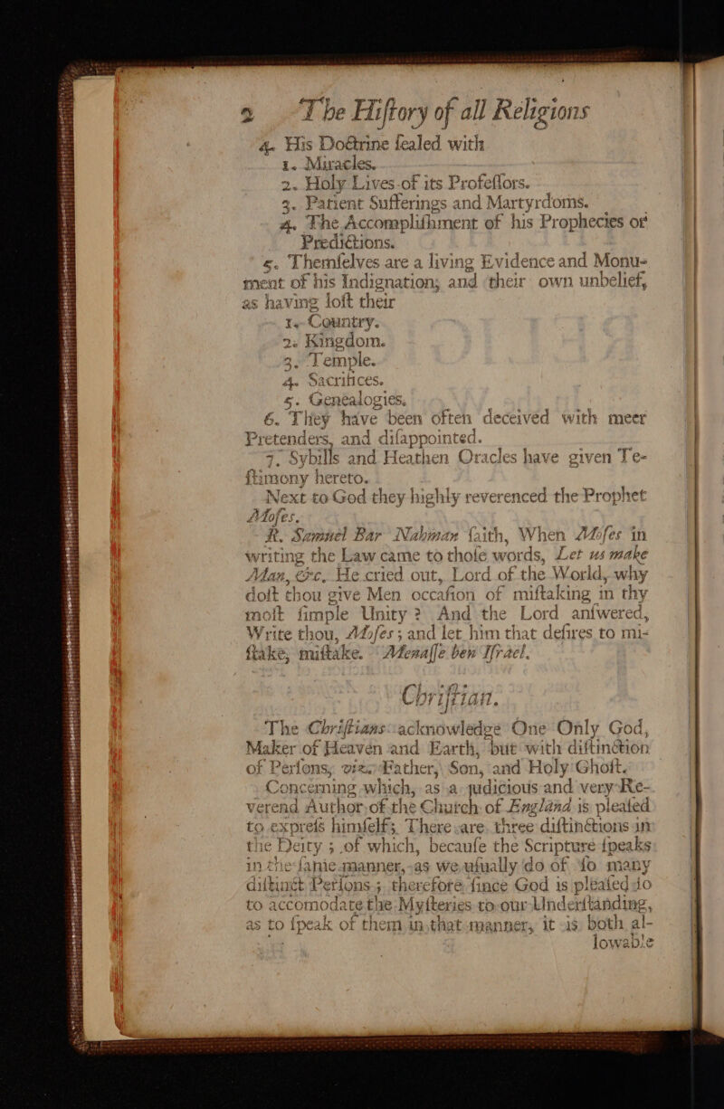 SS ‘e open spett? eerernr te sbsddidssaeinabeessilses ae rarer resteewest rire re s The Hiftory of all Religions : Miracles. ion 2 Holy f Lives-of its Profeflors. 3. Patient Sufferings and Martyrdoms. He T he Acc omplifhme: fis of his Pr ophecies oF | Predictions. : | S- Them elves are a Fi vine iP E F ridenc &amp; and Monu ment of] his Indignation; and their own anbenee loft their re my h +) BY la y wn been often deceived with meer icles have given Te- ¥ an, € ‘ied out, Lord of the W orld, why . &gt; . doit chou give Men occafion of miftaking in rhy ighly reverenced the Prophet AT J pos g eof. 2 a Vabman faith, ' Wi hen 3 didoles 1n came to thole wor ds Let us make moit fimple ‘Unity ? And the Lord an{were Write thou, AL/es ; and let him that defires to m ftake, miftake. Adenalfe ‘ahi Tract. Chriftian fs ey | ee be The Chriftians acknowledge One Only God, Maker of ee and Earth, but with diftinétion of Perl ons, v%.Bather,\ Son, ai nd Holy Ghoit. » Concerning , which, asa judiciotis 2 and very:Re- verend Author,of the C hutch: of England is pleated to.expreis himfelf;. There are three diftinétions in the De ity 3 .of which, becaufe the Scripture {peaks in theJanie manner,-as we afually do of 4o many dilking t Perlons-; therefore fince God is pleated io to acco smodate te pet M lyiteries roourlinderttanding, — | as LO teak ¢ of them. in,that man ner, it is. both al- i lowable