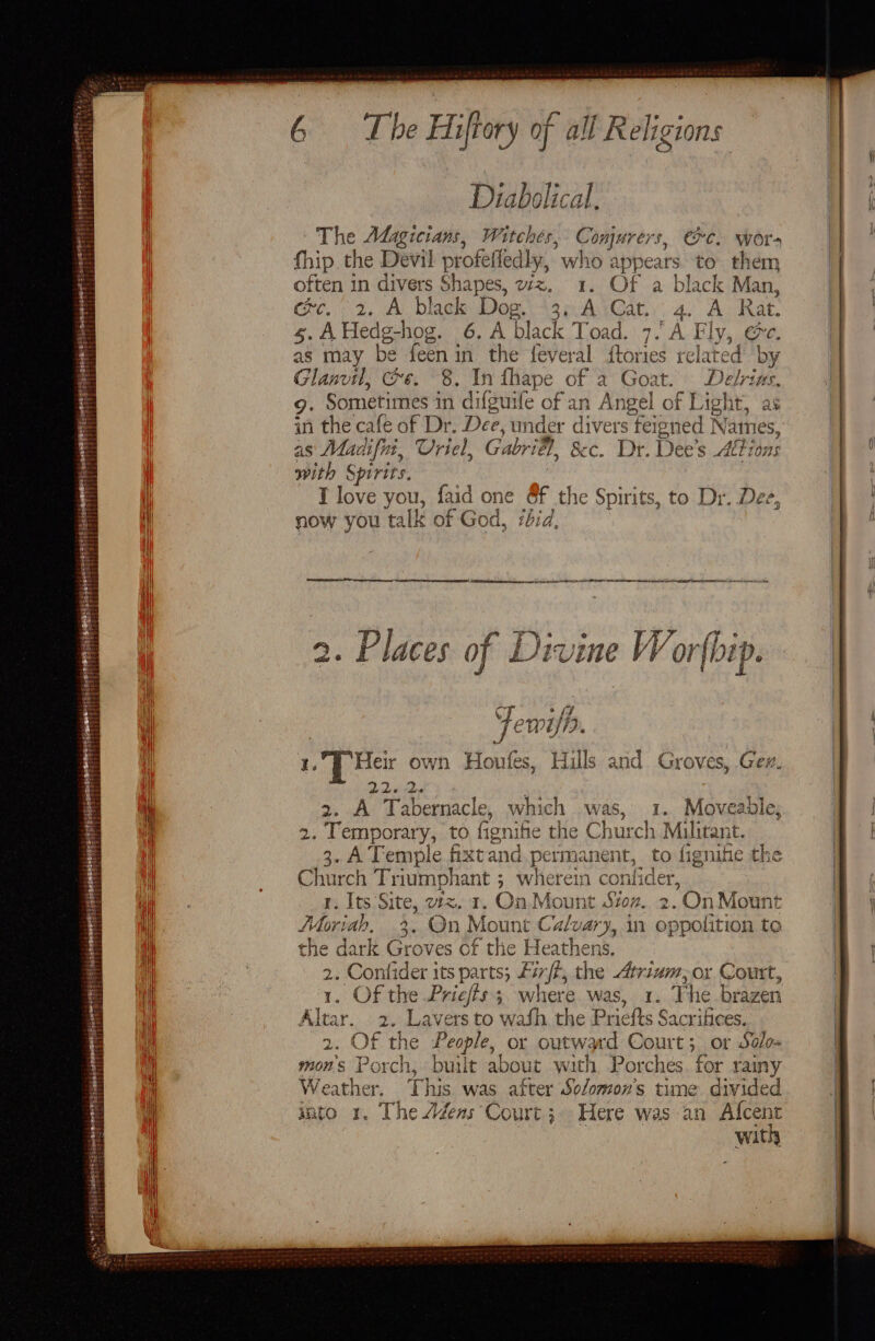ate apep ets agai ears Phy Hpunkee tara wet sLaeesePS4 iT) |p fergrare ee Pirs : se G The Hiftory of all R elig c10ns Diabolic cal, The ALagicians, Witches, Conjurers, Pc. wor- fhip the Devil profefledly, ‘who a appears. to them often in divers Shapes, wz. 1. Of a black Man, cee. ; 2, A black ce pAnGany 4. A Rat. 5. AHedg-hog. 6. A bl ack CT oad. 7. A é Ys Re as may be feen in the feveral ftories relat ed | Glanvil, Ge. 8. In fhape of a Goat. De vils, 9. Sometimes in difguife of an Angel of f Light ag sacle | as Macifii, Uriel, Gabriél, 8c. Dr. Dee's Abt tons with Spirits. I love you, {aid one Of the Spirits, to Dr. Dee, now you talk of God, did, ER eT SR a NE EERE Places ts Divine Wor{bip. wet Lon tend feted | aR feed UP rT Heir ¢ own see ; and Groves, Gev. 22. A Pe iearle which was, 1. Moveable; olf T aacaae to fignifie the Churc Bee Militant. 3. A Temple fixtand permanent, to fignihe the Church Triumphant 5 wherein conlic ler, I. Its mite, viz. 1. Qn. Mount Sion. 2.OnMount Soriah, 3. On Mount Calvar Ds in oppol ition to che dark Groves of the Heather 2. Contider its parts; £77 rf, the ein or Court, 1. Of the Prieffs; where was, 1. The brazen Altar. 2. Lavers to wash, the Price ft Sacrifices. 2. Of the People, or outward Court; or Solo= mons Porch, built about with Porches for rainy Weather. This was after Sc/omon's time divided into 1. The 442s Court; Here was an Afcent with