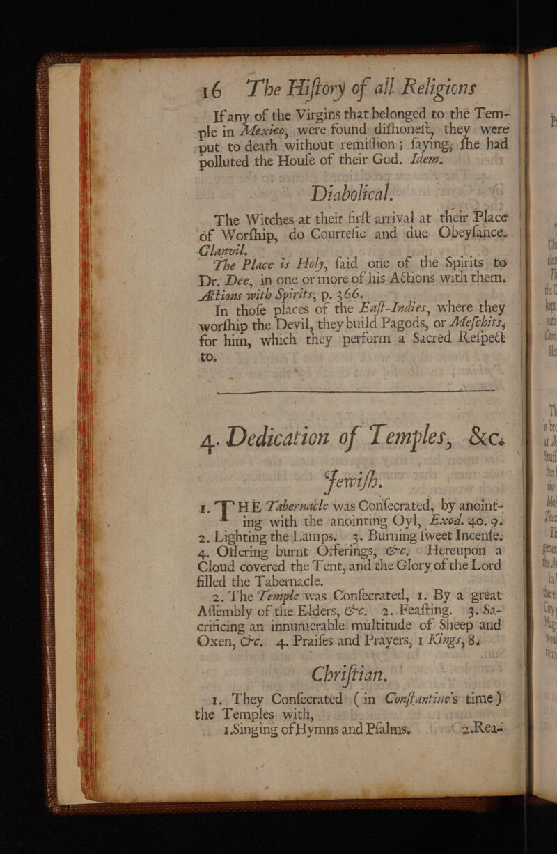 Ifany of the Virgins that belonged to the Tem- ple in Adexieo, were found difhoneit, they were put- to death without remuilion; laying; fhe had polluted the Houfe of their God. Iaem. Diabolical. The Witches at their firft arrival at their Place 6f Worfhip, do Courtelfie and due Obeyfance: Glanuil. The Place is Holy, faid one of the Spirits to Dr. Dee, in one or more of his Actions. with them. Attions with Spirits, p. 366... In thofe places of the Ea/f-Indies, where they worfhip the Devil, they build Pagods, or Adefchits, for him, which they perform a Sacred Reipect to. ee _ 4. Dedication of Temples, &amp;c. CG * /} Fewi/h. eA i. T HE Tabernacle was Confecrated, by anoint- ing with the anointing Oyl, Exod. 40.9. 2. Lighting the Lamps. 3. Burning {weet Incenfe. 4. Offering burnt Offerings, ec, © Hereupon a Cloud covered the Tent, and the Glory of the Lord filled the Tabernacle. 2. The Temple was Confecrated, 1. By a great Affembly of the Elders, ¢c: 2..Feafting. » 3. Sa- crificing an innumerable multitude of Sheep and Oxen, Gc. 4. Praifes. and Prayers, 1 Kings, 8; C briftian. 1. They Confecrated) (in Conftantine's time ) the Temples. with, | 1.Singing of Hymns and Plalms. 2.Reae