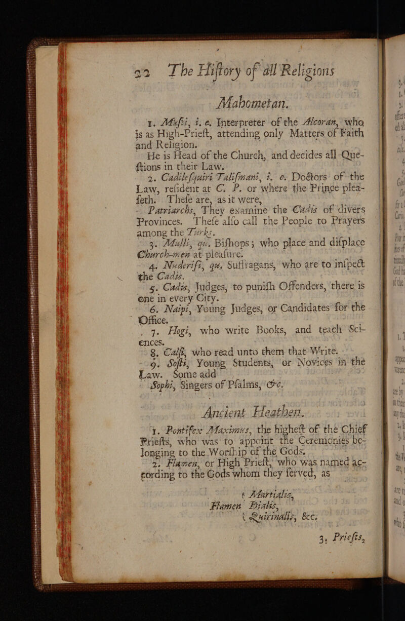 ote’ Hee iLiewpapeserec® sseeweerh pty ty epeerteatic eeyt eri hieiit Tip at el cree ORreP Liban? vay 4 ) tt a is aa! qa The Hiffory of all Religions fo) Mabometan. ‘y. Aefii, i.e. Interpreter of the Alcoran, who is as High-Prieft, attending only Matters of Faith and Religion. He is Head of the Church, and decides all Que- ftions in their Law. 2. Cadilefyuiri Talifman:, t. e. Do&amp;tors of the Law, refident at C. P. or where the Prince plea- feth. Thefe are, as it were, Patriarchs, They examine the Cadis of divers Provinces. Thefe alfo call the People to Prayers among the Turks. 3. Adulli, ov. Bilhops; who place and difplace Church-men at pleafure. . 4. Nuderifi, qu. Sutlragans, who are to inipect the Cadis. * 5, Cadis, Judges, to punifh Offenders, ‘there 1s one in every. City. 6. Naipi, Young Judges, or Candidates for the 4. Hogi, who write Books, and teach Sci- ences. 8. Calf, who read unto them that Write. 6. Soffz; Young Students, ‘or Novices im the Law. Some add Sophi, Singers of Palms, ec. | ¢ Atartialss, Flamen Exatis, t Quirinalis, &amp;e. BE Priefts,
