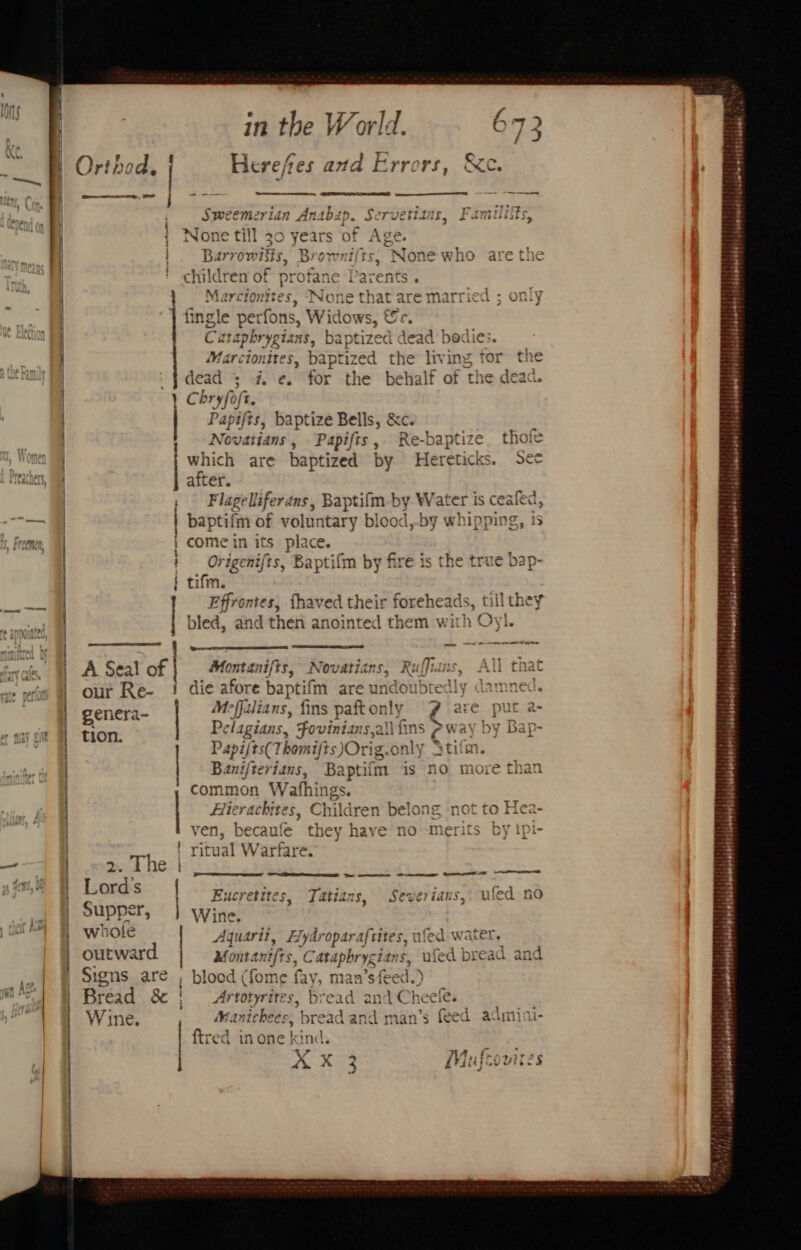 ATA Wie in the | AP Pay eas Here/res World. 673 Orthod. | and Errors, Se. ne, j --~ —— . Sweemerian Anabap. Servetias, Familiits, Flage lsferans, Baptifm by Water is ceafed, baptifm of voluntary blood,-by whipping, is come in its place. Origenifts, Baptifm by fire is the true bap- tifm. Effrontes, thaved their foreheads, til they bled, and then anointed them wi th ¢ yl. _— ems saat dee Novatians, Ruffians, All that die afore ae fm are undoubtedly damnec. genera- M. *ffa Uians, 1 fins patt only wa are put a- :  1% tion. ae lagians, Fovinians,all \fins Papi/ ts(Thomi/ts Orig. only : Banifterians, Baptifm is no more than common Wafhings. Hierachites, Children belong not to Hea- ven, becaufe they haye no merits by 1pi- ritual W arfare. er eee temo non 2. The | Lords. | Eucretites, Tatia ; SeBe at an S L fo 1 no Supper, Wine. whoie Aquarit, Hydroparaftites, uled water, outward Montanifts, Catapbrycians, ufed bread and Signs are , blood (fome fay, man ’s feed.) read 8 ! Artotyrites, bread and Cheefe. W3 ine. Aranichees, bread and man’s feed admin ftred in one kind