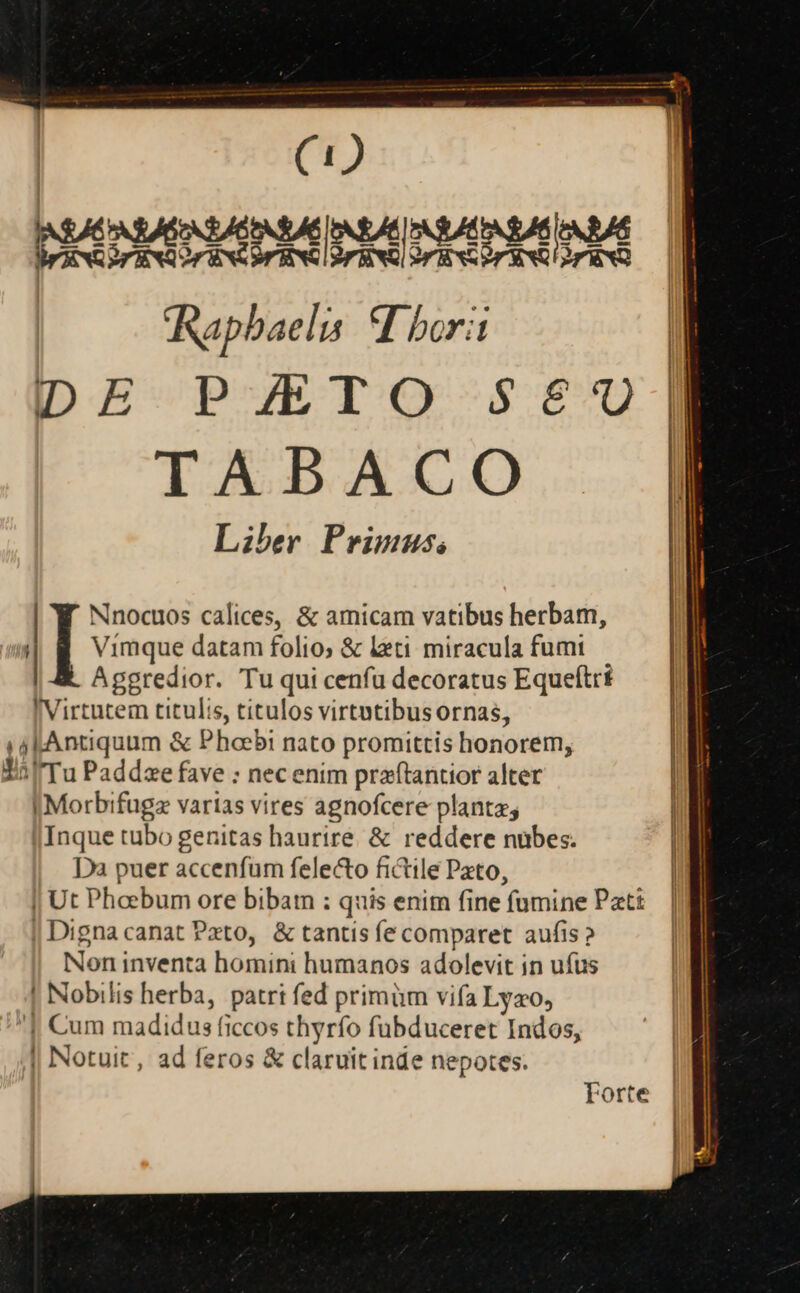 Rapbaelis *I borit IDE PY7ETO $€$'U TABACO Liher Prisvms, Vimque datam folio; &amp; leti miracula fumt.— Aggredior. Tu qui cenfu decoratus Equeftrt I Virtutem titulis, titulos virtutibusornas, iab Antiquum &amp; Phoebi nato promittis honorem, Xal'Tu Paddze fave : nec enim pratantior alter I Morbifugz varias vires agnofcere plantz; |Inque tubo genitas haurire. &amp; reddere nübes. Da puer accenfum felecto fictile Peto, | Ut Phoebum ore bibam : quis enim fine fumine Patt | Digna canat Pzto, &amp; tantis fe comparet aufis? Non inventa homini humanos adolevit in ufus | Nobilis herba, patri fed primüm vifa Lyzo, | Cum madidus ficcos thyrío fubduceret Indos, | Notuit, ad feros &amp; claruit inde nepotes. | I Nnocuos calices, &amp; amicam vatibus herbam, Forte