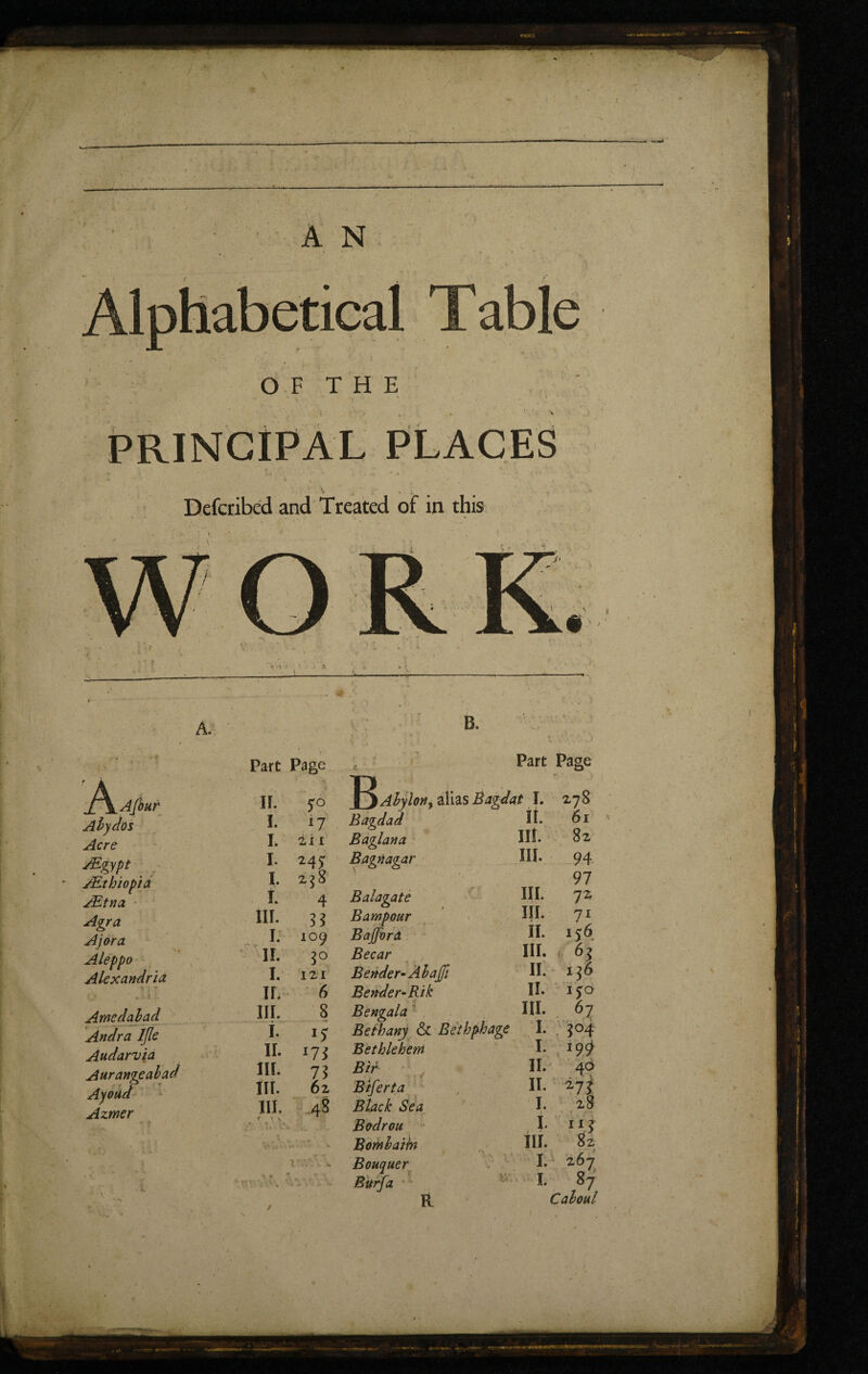 •T^CC _- î ï A N O F T H E PRINCIPAL PLACES . . _ ' , ,  v 4 •' _ / * ' * * i s < K Defcribed and Treated of in this B. PvAfiur Abydos Acre Ægypt /Ethiopia Ætna Agra Ajora Aleppo Alexandria * 1 * . Amedabad Andra Ijle Audarvia Aurangeabad Ayoud Azmer Part Page 4 II. s'0 J^)Abylo, I. ij; Bagdad I. 211 Baglana I. 245: Bagnagar I. 258 i 4 Balagate hi. 3? Bam pour Part Page V,v* Bajjbrà Becar Bender-AbaJ/1 Bender-Rik Bengala Bethany & Bethphage Bethlehem Bir ■ f Biferta Black Sea Bodroti Bombaibi Bouquer Burfa R •* 267 *7 Caboul < V