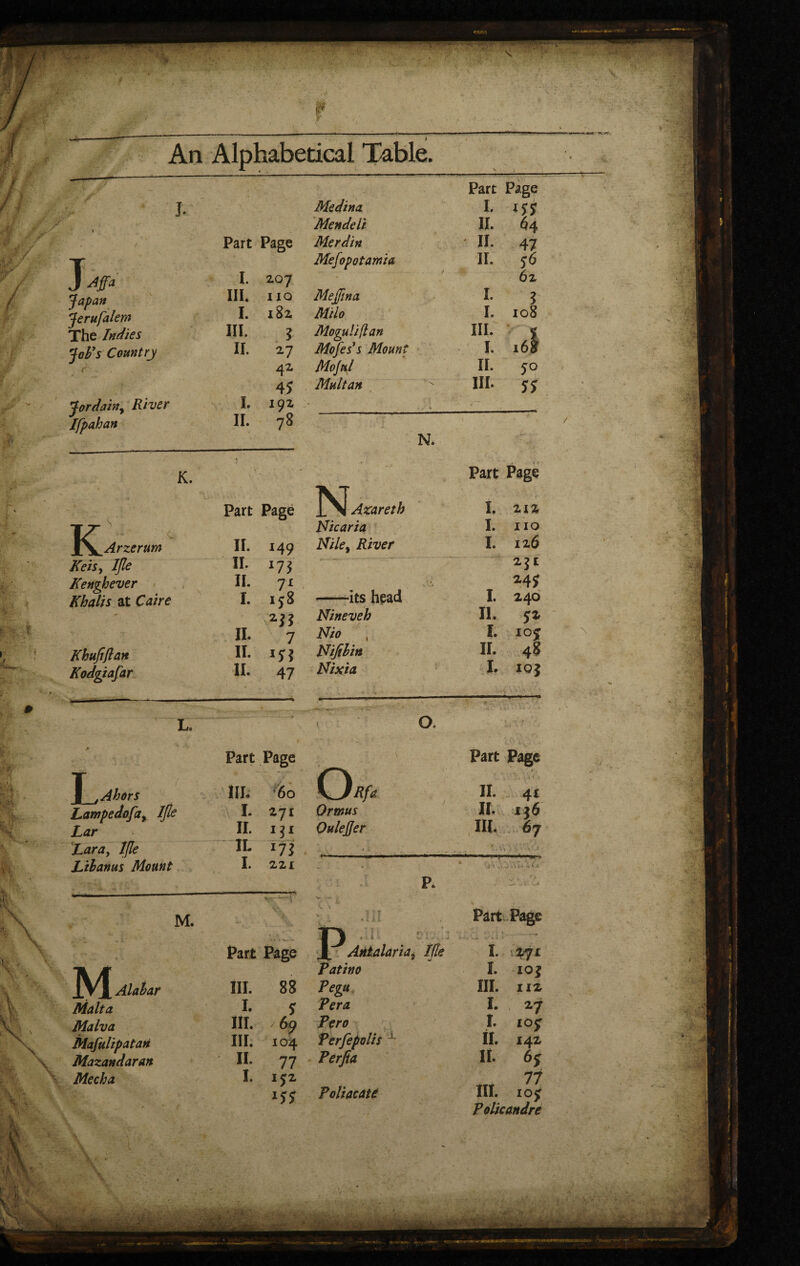 An Alphabetical Table. Part Page J. Part Page J4f-* Japan Jerufalem The Indies Job's Country r . Jordainy River Ifpahan I. III. I. III. II. I. II. 207 X 10 182 8 2-7 42 45 igz 78 K. ’ ■ Part Page II. 149 AVix, 7/7<? II. l71 Kenghever II. n Khalis at I. l5* II. 7 Khujtfian II. l5i Kodgiafar II. 47 L. Part Page T j A hors HI* 60 Lampedofay Ijte I. 271 Lar II. 1ll Lara, JÇK? 1L *78 Ltbanus Mount I. 221 M. ,  »• Part Page Alahar III. 88 Malta I. ? Malva III. / 69 Mafulipatati III. 104 Mazandaran n. 77 Mecha 1. 152 l55 Medina I. J55 Mendeli II. 64 Merdin II. 47 Mesopotamia II. 56 62 Mejjina I. ? Milo I. 108 Moguliflan Mofes’s Mount III. i I. 16% Mojttl II. 50 Multan . / w III. 55 N* - Part Page Azareth I. 2X2 Nicaria I. XIO Niley River I. 126 —- •... 2JI • 245 ——its head I. 240 Nineveh 11. Nio , I. ioj Nijibin II. 48 Nixia I. IOJ O. Part Page n. 4* Ormus II* 136 Oulefler III. 67 * 1 ' - \\ ;« '-v tm >mm i » i . ■■■,■, m. m , * . r • Ï M.*> ‘'T-V* •? / . « ' I J V *\ i-* *i C A P. Part Page 1 V* * %J Latino I. 103 Pegu III. 1x2 Fera I. 27 Pero I. IOJ Perfepolis II. 142 Perjta It. 6f Poliacaté III. xof Policandre