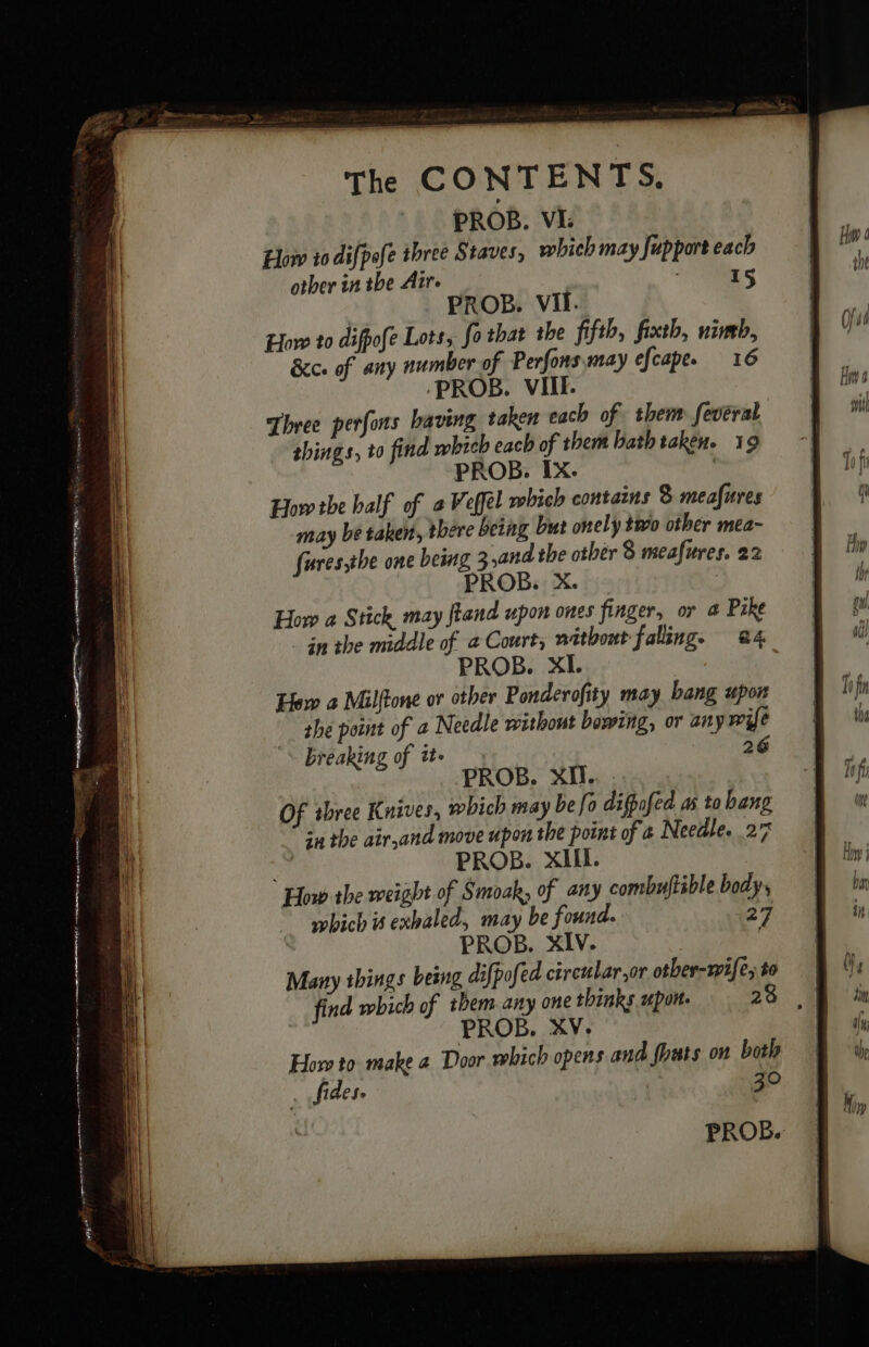 The CONTENTS. PROB. VI: Lowv 10 difpofe three Staves, which may Jupport each otber in the Air. | 15 PROB. VII. How to difpofe Lots, fo that the fifth, fixth, nimb, &amp;c. of any number of Perfons may efcape. 16 ‘PROB. VITE. Three perfons having taken each of them feveral things, to find which each of them bathtaken. 19 PROB. IX. How the balf of a Veffel which contains 8 meafures may be taken, there being but onely two other mea- fares tbe one being 3 and the other 8 meafures, 22 PROB. X. | How a Stick may fland upon ones finger, or a Pike in the middle of a Court, witbont faling. @4 PROB. How a Milftone or other Ponderofity may bang upon she point of a Needle without bowing, or any wife breaking of it. 26 PROB. XII. Of three Knives, which may be fo difhofed as to bang su the air,and move upon the point of a Needle. 27 PROB. XIE. How the weight of Smoak, of any combuftible body, which # exhaled, may be found. 27 PROB. XIV. | Many things being difpofed circular,or otber-wife, to find which of them any one thinks upon. 28 | PROB. XV: . fides 30