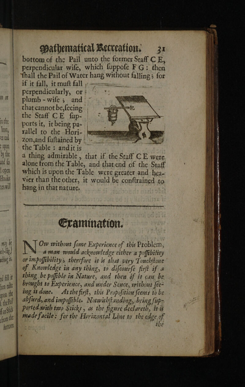 in the Iron, er end upon | nie | and (0 | {open | Hooks | ceowil | mi) Ue gel) | hing th | x fll hen take} p00 the | € hePal | fo Si front the poto Mathematical Becveation, 3x if it fall, it muft fall ,-- perpendicularly, or; | plumb - wife ; and that cannot be,feeing the Staff CE fup- ports it, it being pa- rallel to the Hori- fe zon,and fuftained by : - the Table : andit is a thing admirable, that if the Staff C E were alone from the Table, and thatend of the Staff which is upon the Table were greater and: hea- vier than the other, it would be conftrained to hanginthatnature, =| | Cramination. Ow without fome Experience of this Ptoblem, aman would acknowledge either a poffibility of Knowledge in any thing, to difcourfe firft if 2 rought to Experience, and under Sence, without fee- abfurd, and impoffible. Notwith(tanding, being fup- ported with two Sticks , as the figure declareth, itis made facile: for the Horizontal Line to the edge of ibe 2 Soe 3 = = = ie mate SS SS SS ee = = SS ——— Er = a rene = SR rs = RS = -2 = ————— — 7 = Foe etna et À 2 8 60 A gr TT SD OS Se LS ae ; Er