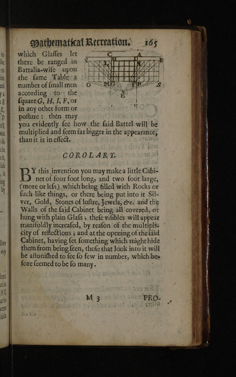 which Glaffes let E there be ranged in Battalia-wife upon the fame ‘Fable :a number of {mall men according . tor: the fquareG, H, I, F, or in any other form or polture : thén may you evidently fee how. the faid Battel will be multiplied and feem far bigger in the appearance; thanit is in effect. COROLARY. Y this invention you may makea little Cabi- net of four foot long, and two foot large, (more or lefs) which being filled with Rocks or fuch-like things, or there being putinto it Sil- ver, Gold, Stones of luftre, Jewels, ce. and the Walls of the faid Cabinet being all covered, or hung with plain Glafs ; thefe vifibles will appear manifoldly increafed, by reafon ‘of the multipliz city of reflections ; and at the opening of the faid Cabinet, having fet fomething which might hide them from being feen, thofe that look into it will be aftonifhed to fee fo few in number, which bes fore feemed to be fo many. 3 x Mgr cece be TES TE targets ds bis ee PE Se Ses en gies wr. en SN ae &gt; à Veet Tee |