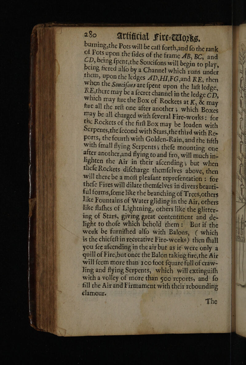 aT ne tay A a mp eee ie poe -~ ee eee RT ay warm erg TT + LP RER à Le Dé ed nié 5 . . CES ne. - ee so NS AS BE 4 EPA - à _— mn DR Eee SE re AE PS LT = tS - ees à ns a = Bie ee = ; ET RE z =. = er + 5 3 ee et ee = Eu ae - == a - ee ’ == : = SS ee ae = — — — : burning;the Pots will be caft forth,and fo the rank of Pots upon the fides of the frame AB, BC, and CD, being fpent,the Soucifons will begin to play, being tiered alfo by a Channel which runs under them, upon the ledges AD,HI,FGand RE, then when the Soucifons are {pent upon the laft ledge, KE,there may be a fecret channel in the ledge CD, which may tire the Box of Rockets at K, &amp; may fre all the reft one after another ; which Boxes may be all charged with feveral Fire-works: for the Rockets of the firft Box may be loaden with erpents,the fecond with Stars,the third with Res Ports, the fourth with Golden-Rain, and the fifth with {mall flying Serpents; thefe mounting one after another,and flying to and fro, will much in- lighten the Aix in their afcending ; but when thefe Rockets difcharge themfelves above, then will there be a mott pleafant reprefentation : for thefe Fires will dilate themfelves in divers beauti- ful forms,fome like the branching of Trees, others like Fountains of Water gliding in the Air, others like flafhes of Lightning, others like the glitter- ing of Stars, giving great contentment and de- light to thofe which behold them: But if the work be furnifhed alfo with Balons, ( which is the chiefeft in recreative Fire-works) then thall you fee afcending in the air but as it: were only a quill of Fire,but once the Balon taking fire,the Air will feem more than 100 foot {quareé full of craw- Jing and flying Serpents, which will extinguith with a volley of more than 500 reports, and fo fill the Ais and Firmament with their rebounding clamour. | The