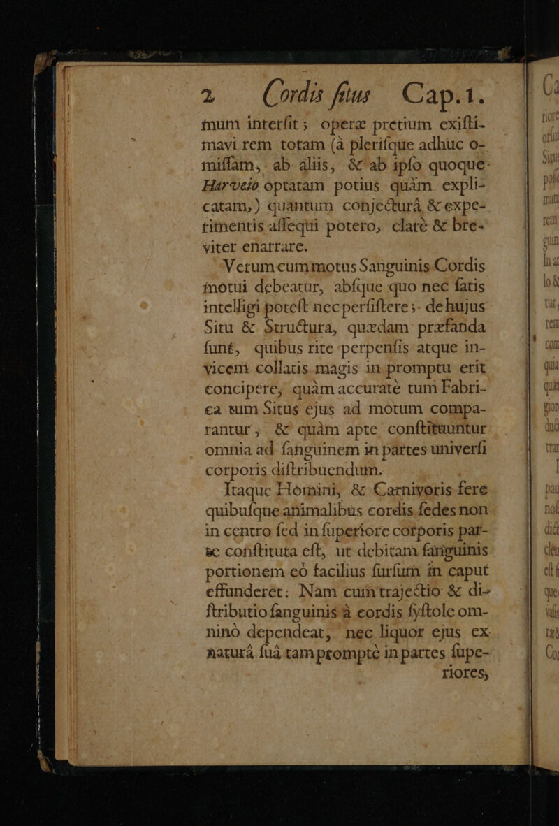 Cordis fius |. Cap.1. tnum interfit; opere pretium exifti- mavi rem totam (à plerifque adhuc o- miffam,: ab. aliis, &amp; ab ipfo quoque- Harvei» optatam potius quim expli- catam,) quantum cohjecturà &amp; expe- timentis aflequi potero, clare &amp; bre- viter enarrare. Verumcummotus Sanguinis Cordis fnotui debeatur, abíque quo nec fatis intelligi poteft necperfiftere ;- de hujus Situ &amp; Suu&amp;ura, quxdam przfanda funé, quibus rite perpenfis atque in- viceni collatis. magis in promptu erit conciperc; quàm accurate tum Fabri- ca sum Sitüs cjus ad motum compa- rantur, &amp; quàm apte coníftitauntur omnia ad fanguinem in partes univerfi corporis kítribtenditt: Itaque Hornini, &amp; Carniyoris fere quibufque animalibus cordis fedes non in centro fed in fuperiore cotporis par- &amp;c conftituta eft, ut debitam fariguinis portionem có facilius furfum in caput cffunderet; Nam cui trajectio &amp; di^ ftributio fanguinis à cordis fyftole om- nino dependeat, nec liquor ejus ex naturá fuà tam prompte in partes fupe- riores,