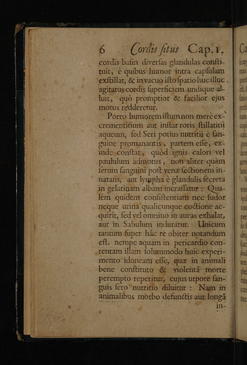 FH à Cordi , fitus Cap. F. ordis bafin. diverfas glandulas CoMfti- tuit, é quibus humor intra capfulam exítillat, &amp; invacuo ifto Ípatioh ucilluc agitatus cordis fuperficiem undique al- lut, quó promptior &amp; facilior ejus motus redderetur. Porro humoremiftumnon meré ex- crementitium aut inftar roris flillatiti aqueum, fed Seri potius nntritii e fan- euinec promananti , partem efle, ex- inde con(tat, quód ignis calori vel paululum admotus , nomaliter quàm ferum Ring uini poit venz fe&amp;tionem in- natans, aut lygypha e glandulis fecreta in gclatioam albam incraffatur : Qua- lem quidem confitentiam nec fudor neque urina qualicunque coctione Ac- quirit, fed vel omnino in auras exhalat, aut in Sabulum induratur. | LUinicum tantum fuper hác re obiter notandüm eft, nempe aquam in petit con- tentam illam folu mmodo huic desi mento idoneam efle, qux in animali bene conftituto &amp; — violentá morte perempto reperitur, cujus utpote fan- suis fero nutritio diluitur : Nam in animalibus morbo defunctis aut longá in-