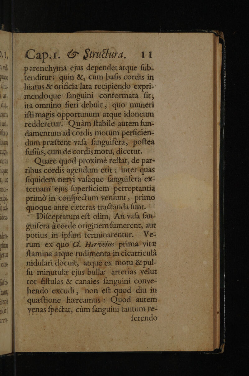 A —* perenchymaá ejus dependet atque fub- tenditur; quin &amp;, cüm-bafis cordis in hiatus &amp; orificialata recipiendo expri- mendoque fanguini contormatà fit; ità omnino fieri debuit, quo muneri ifti magis opportunum atque idoneum redderetur. .Quàm ftabile autem fun- damentumad cordis motum perficien- dum praftent vafa fanguifera, poftea fufiüs, cám de cordis moti; dicetur. ^ Quatre quod proximé rcftat, de par- tibus cordis agendum erit; inter quas fiquider&amp; nefyr vafaque fanguifera ex- ternam 'ejus fuperficiem perreptantia primó in cónfpedtum veniunt, primo quoque ahte c:eteras tractanda funt. Difceptatum eft olim, An vaía fan- guifera à córde originiemfumerent, aut potius in-ipfumi terminarentür. —Ve- run ex quo QC. Haro&amp;nms prima vitx ftamina atque rudimenta in cicatriculà nidulári docuit, atque ex motu &amp; pul- fu^ minutulz ejus bulle arterias velut tot fiftulas &amp; canales fanguini conye- hendo excudi, non eft quod diu in quzftione hereamus: Quod autem yenas fpedtat, cüm fanguini tantum re- ferendo