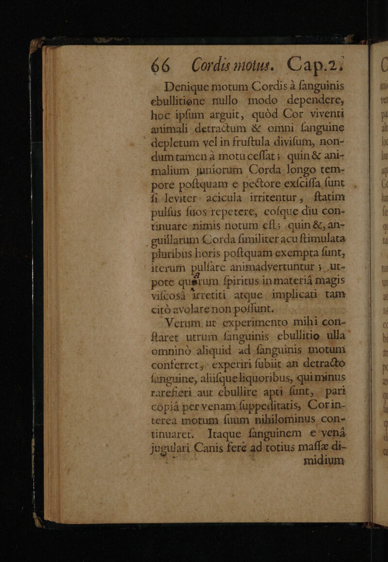 Denique motum Cordis à fanguinis ebullitione mullo modo dependere, hoc ipfum arguit, quód Cor vivenu animali detractum &amp; omni fanguine depletum vel in fruftula diyifutn, non- dumtamcn à motu ceffat s. quin &amp; ani- malium juniorum Corda longo tem- pore poftquam e pectore exíciffa funt fi leviter: acicula irritentur ; ftatim pullus fuos repetere, cofque diu con- tinuare-nitmnis notum eft; quin &amp;, an- | guillarum Corda fimiliter acu ftimulata pluribus horis poftquam exempta funt, itcrum pulíare animadvertuntur ; ut- pote querum fpiritus inmaterià tnagis viícosá irretiti atque implicati tam citó avolare non poffunt. Verum ut experimento tnihi con- flaret utrum fanguinis ebullitio. ulla omnino aliquid ad fanguinis motuni conferret; experiri fubiit an detracto fanguine, aliifqueliquoribus, quiminus rareféri aut cbullire apti fünt, pari COpià per venam fuppeditatis; Corin- terea motum fuaüm nihilominus con- tinuaret. Ttaque fanguinem € vená jugulari Canis fere ad totius maffía di- r midium