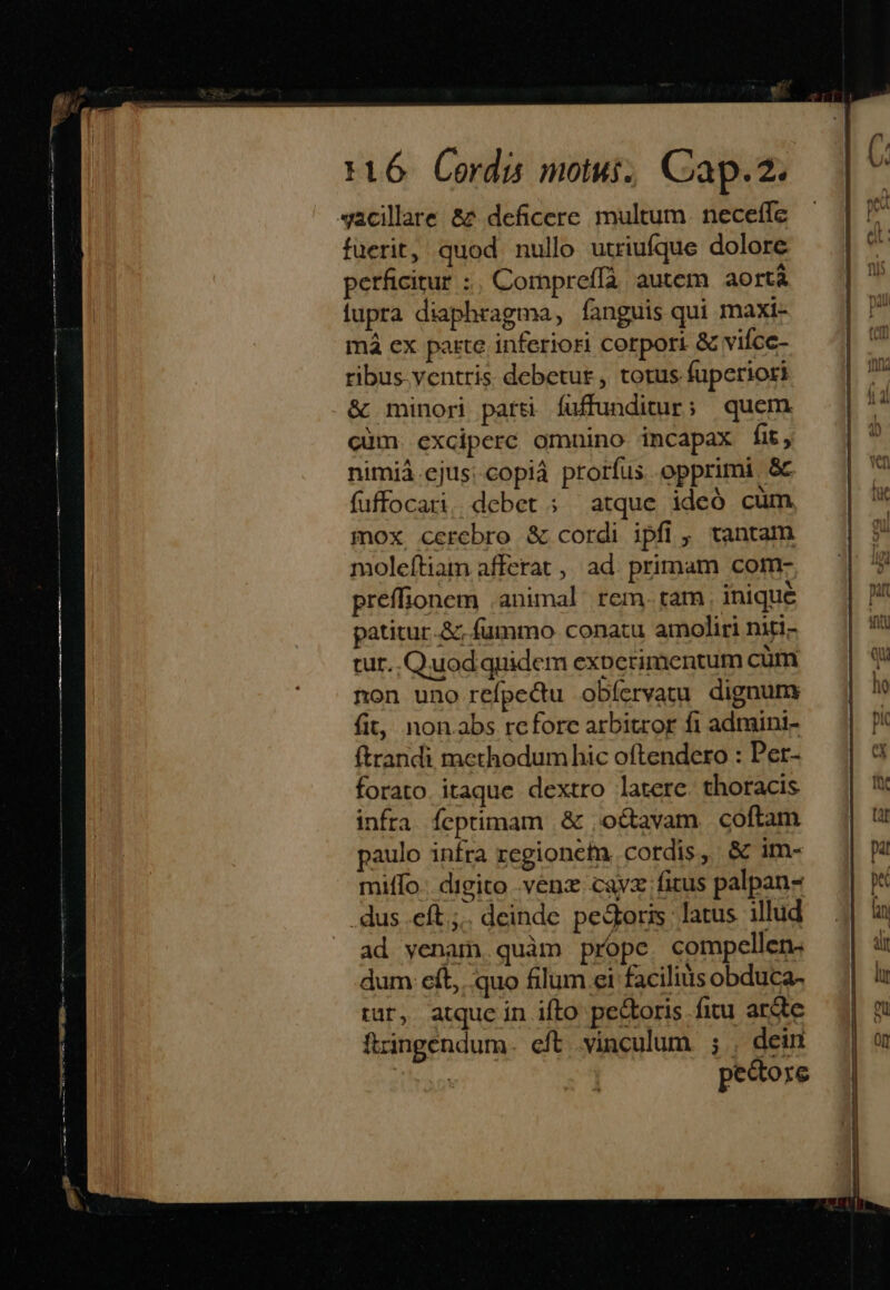 «acillare & deficere multum. neceffe fuerit, quod nullo utriufque dolore perficitur :. Compreffà. autem aortà fupra diaphragma, fanguis qui maxi- má ex parte inferiori corpori & vifcc- ribus ventris debetur, totus fuperiori & minori parti fuffunditur; quem qüm excipere omauino incapax fit, nimià.ejus:.copià prorfus opprimi & fuffocari. debet ; atque ideó cum mox cerebro & cordi ipfi , tantam moleftiaim afferat, ad. primam com- preffionem animal rem.tam inique patitur.& fummo conatu amoliri niti- tur. Quod quidem experimentum cum non uno refpectu obíervatu dignum fiz, non.abs rcfore arbitror fi adtmini- ftrandi methodum hic oftendero : Pet- forato. itaque dextro latere. thoracis infra feptimam .& ;o&avam. coftam paulo infra regionetm cordis, & im- miffo.. digito venz cayz fitus palpan- .dus eft ;.. deinde pedoris latus illud ad venam quàm propc. compellen- dum cft, quo filum ei facilius obduca- rur, atque in ifto pe&oris fitu ar&te ftingendum. eft vinculum |; | dein aha pectore
