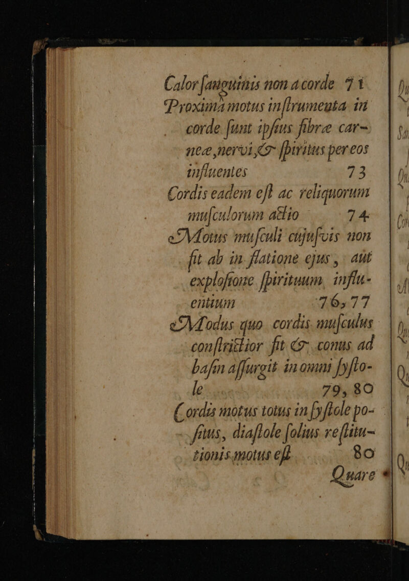 Calor [auguitiis non acorde. 7 1 Proxima motus ifirumeuka. tt corde. funt tpfuis fibre car- nez nervi Gr [biritus pereos uifluentes 23 Cordis eadem efl ac. reliquorum mulculorum actio 7 4. |i mufculi cujnfots. son ft ab in. flatione ejus , - aut explaftoine Jpirituum, infta- enitum 765,77 eS Modus quo. cordis auu[culus cou[trittior fit &amp;&amp; conus ad fe affurgit in omn [y[to- 79,80 | Gi notus totus in [y Lole po-. fius, dia[lole [olus ka ionis mpottis eft ps .