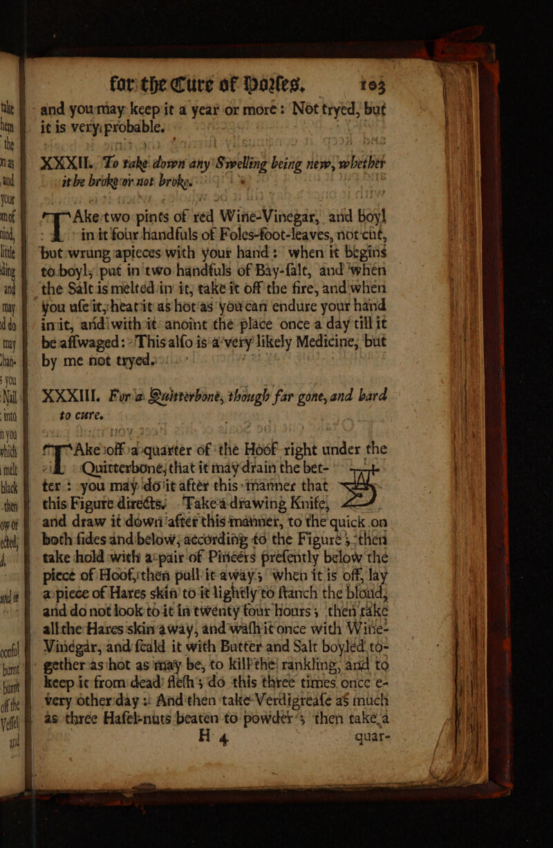 | - and yourtay keepiit a year or more: Not tryed, but it is rik quaakasennt . | XXXIL. To ake down any 8 Soing bing new, wath : it be broke (or HOE peihes | in it fol handfuls of Foles-foot-leaves, not‘cut, _ ‘but wrung apieces with your hand &gt; when it begins | - toboyl; put in'two handfuls of Bay-falt, and ‘when you ule it heatiut as hot'as youcan endure your hand beaflwaged: This alfo is'a'very likely Medicine, but to Cure. Ake off a quaxter of ‘the Hook tight tide the i Quitterbone; that it may drain the bet- | tes you may doiit after this -inanner that # | this Figure directs. .Takea-drawing Knife, | and draw it down after this maimer, to the quick on | take hold with acpair of Pitieérs prefently below’ the | piece of Hoof,then pull'it away, when it is off, lay | apiece of Hares skin’ to it lightly’ to ftanch the bloud, | allthe Hares skin away, and waflrit once with Win 1e- very other:day :: And then take Verdigreafe a$ much | as three Hafel-nuts beaten to powder’; then také_a | A