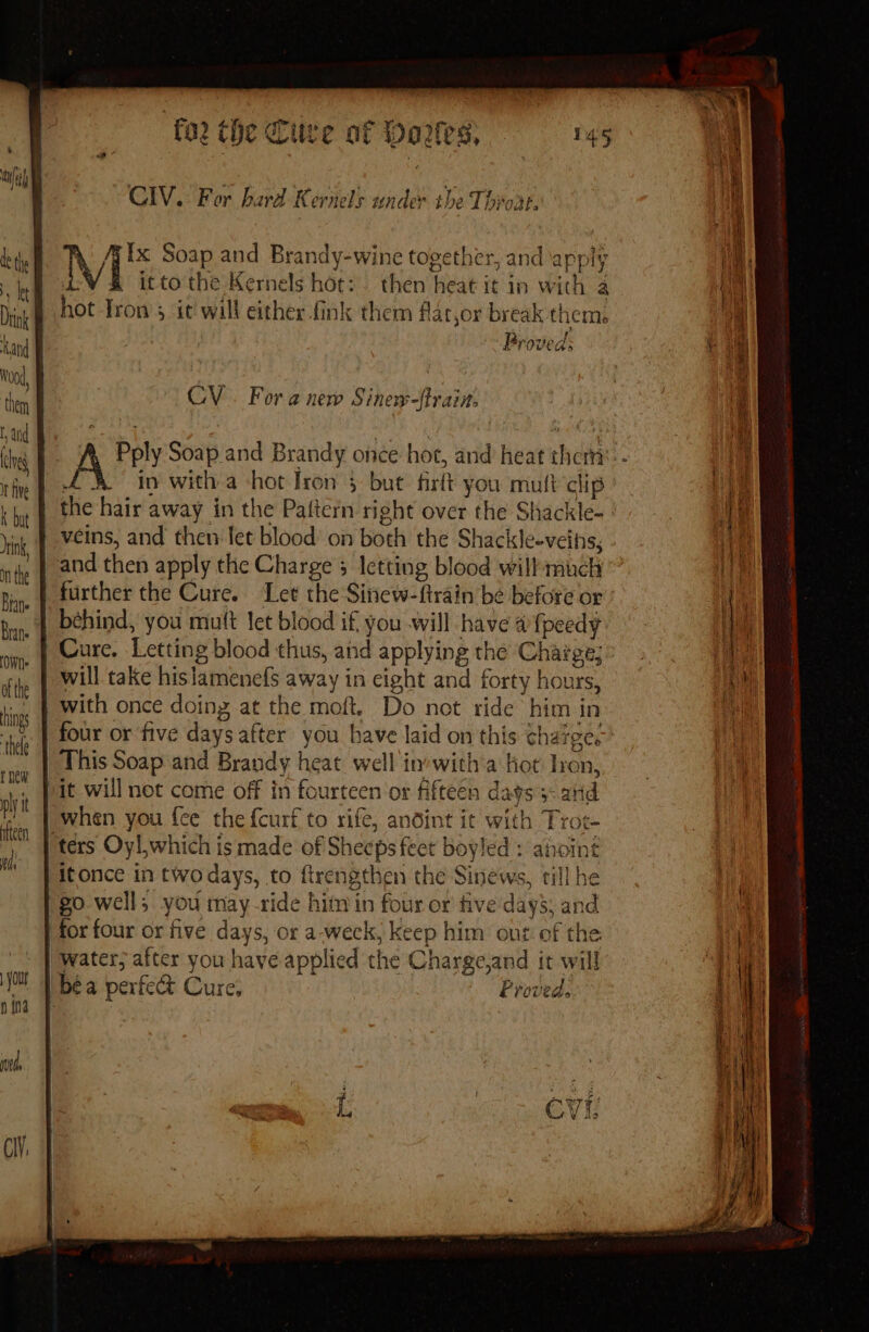 y kt Drink Kand Rood, them lve I five On the Brat. We ofthe hing thel r new ply it fifteen CIV. For bard Kernels under the Thyoat. V Ix Soap and Brandy-wine together, and ‘apply itto the Kernels hot: . then heat it in with a hot Tron’; it will either fink them flat,or break them. Broveds CV. Fora new Sinew-ftrain. Pply Soap and Brandy once hot, and heat ther’ | in with a hot Iron 5 but firlt you muft clip the hair away in the Paftern right over the Shackle- ' veins, and then let blood’ on both the Shackle-veins, further the Cure. Let the Sinew-ftrain be before or with once doing at the moft, Do not ride him in it will not come off in fourteen or fifteen days 5: atid poe water; after you have applied the Charge,and it will