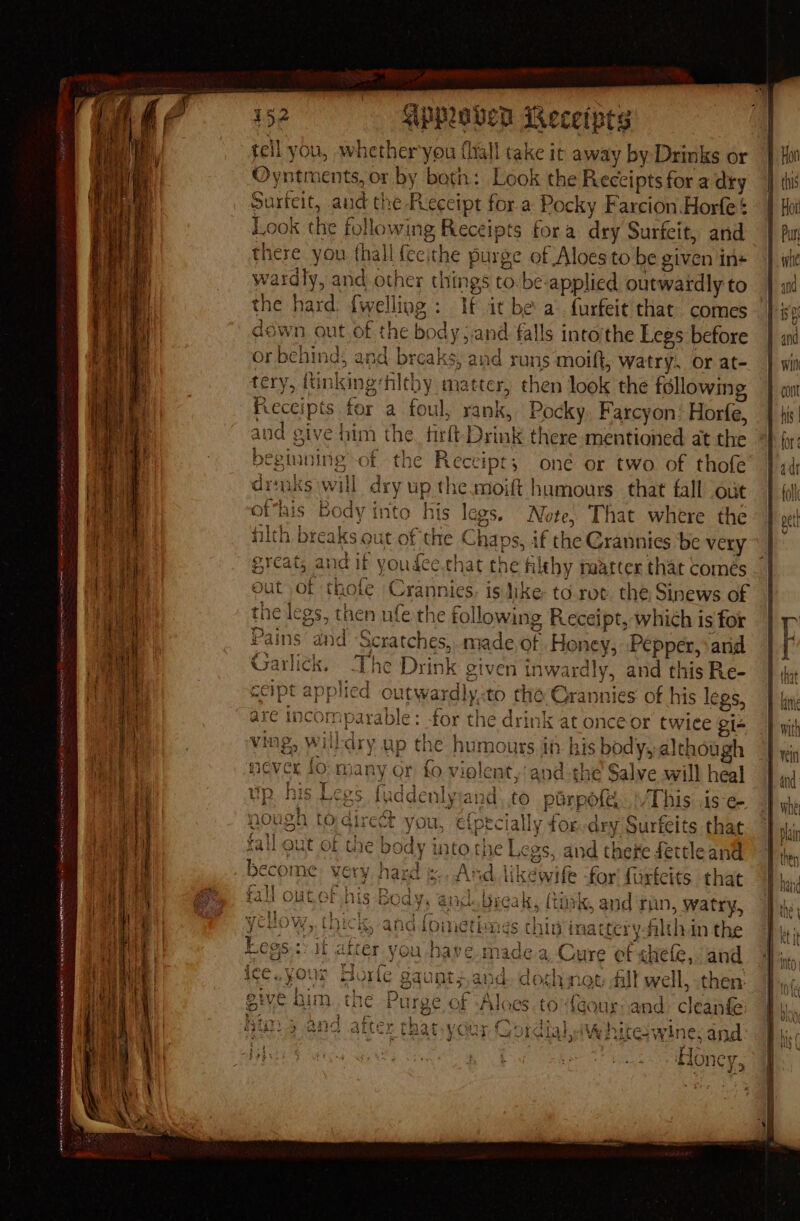 tell you, whether'you {liall take it away by Drinks or Oyntments, or by botn: Look the Receipts for a dry Surteit, aud the Receipt for a Pocky Farcion Horfe $ Look the following Receipts fora dry Surfeit, and there you (hall {ecithe purge of Aloes to be given ins wardly, and other things to:be-applied outwardly to the hard. {wellipg : If it be a furfeit that comes dswn out of the body;.and falls into'the Legs before or behind; and breaks, and runs moift, watry. Or at- tery, ftinking:filthy matter, then look the following Receipts for a foul, rank, Pocky. Farcyon: Horfe, and give dim the. firft Drink there mentioned at the vegiuning of the Receipt; oné or two. of thofe ‘s)will dry up the.moift humours that fall out his Body into his legs. Notes That where the ilth breaks out of the C} aps, if the Grannies ‘be very ; and if youdee.that the filthy matter that Comes — | ay! th A. v4 &gt; ie Crannies: is like to-rot. the Sinews of the legs, then ufe the following Receipt, which is for Pains and Scratches, made, of Honey, Pepper, and Garlick. The Drink given inwardly, and this Re- ceipt applied outwardly:to the Grannies of his legs, | are incomparable: for the drink at onceor twiee gi= yi ving, will-dry up the humours ih his body, although never lo: many or fo violent,’ and the Salve will heal - ; to direct you, efpecially for.dry Surfeits that the body into the Legs, and there fettle and | nasd i, And likéewife -for' furfeits that ig Body, and. break, (tiak, and ran, watry, and fometiangs chin inattery-filth in the Hatter you have made a Cure ef shefle,. and um. tie Purge of -Aloes.to“f{gour: and cleanfe: { ° ei &gt; 3 ; ; “4 OrGiah Ve bites wine: and: Honey,