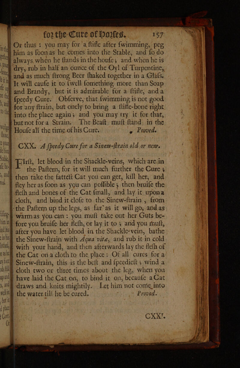 nth Ox thus : you may for ‘a flifle after {wimming, peg him as foonas he comes into the Stable, and fo do | always. when he ftands in the honfe; and-when he is ( f dry, rub in half an ounce of the Oy! of Turpentine, jf and as much ftrong Beer fhaked together in a Glals. +l Te will caufe it to {well fomething more than Soap and Brandy, but it is admirable for a ftifle, anda i fpeedy Cure. Obferve,that {wimming is not good | for any ftrain, but onely to bring a ftifle-bone right ‘into the place again; and you may try it for that, but not fora Strain. The Beaft. mutt ftand. in the Houfe all the time_of his Cure. « vroved. Phe, let blood in the Shackle-veins, which are.in | the Paftern, for it will much further the Cure 5 i then take the fattelt Cat you can get, kill her, and | fley her as foon as you can poffible ; then bruife the i ficth and bones of the Cat fimall, and lay it upona i cloth, and bind it clofe to the Sinew-firain , from _ |-the Paftern up the legs, as far°as it will go; and as S| Warmas you can: you muft take out her Guts be- I fore you bruife her fleth, or lay it to 5 and you rhuft, Wh after you have let blood in the Shackle-vein, bathe “nS the Sinew-ftrain with Aqua vite, and rub itin cold | with your hand, and then afterwards lay the flefh of the Cat on aclothto the place: Of all cures fora Sinew-firain, this is the beft and {peedieft 5 wind a Wi draws and knits mightily. Let him not corie_into wou ) the water.till he be cured. i Proved. batt . ) ; d phic r Cures .