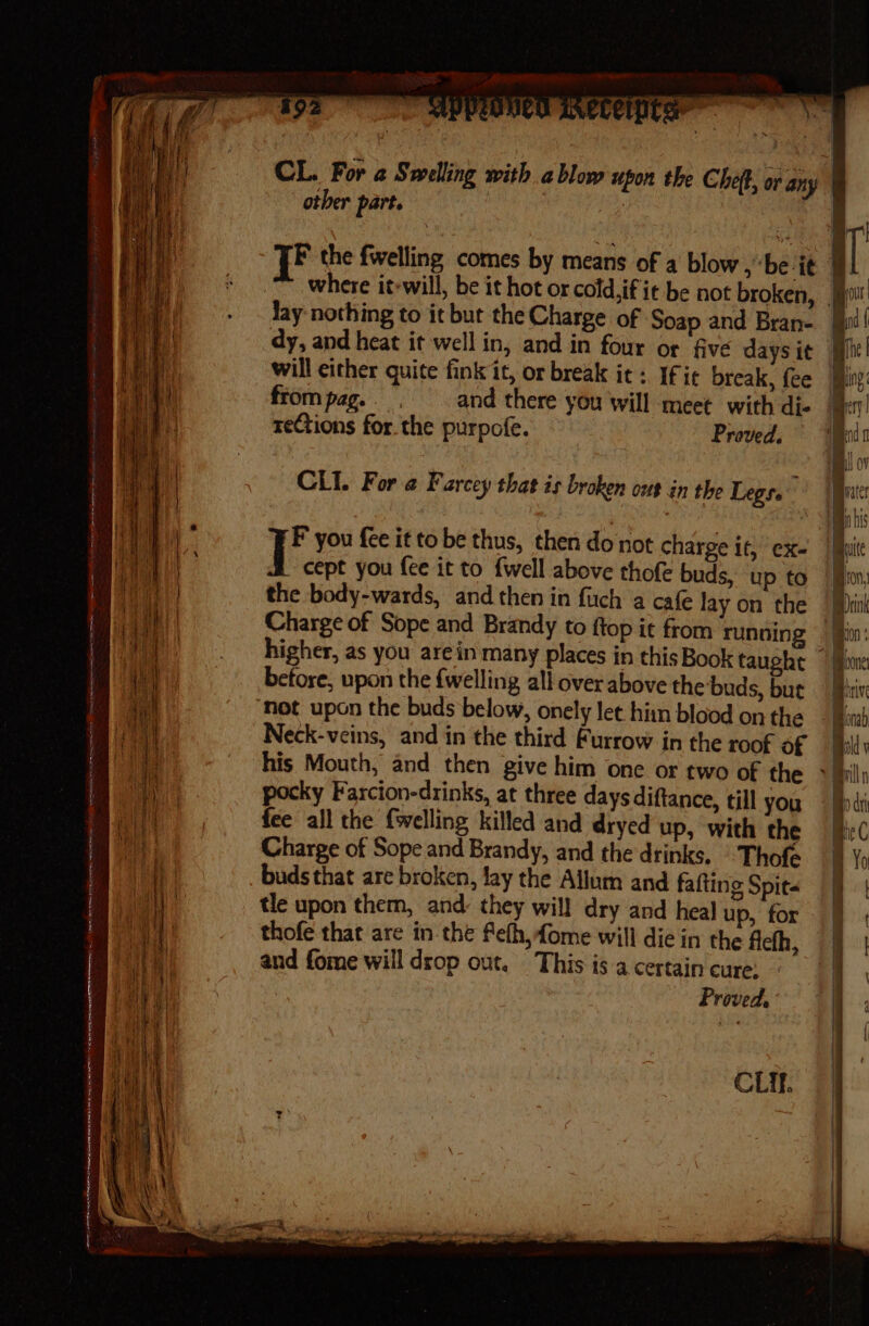 =a = Na a ee kT eng rm ene ee LO 4 AEN em CE TR tt 5 Ih mY ems reer tf Hi TS NaS SW mens elt oan cemetrininiidaenditasicadeeamem thilicte tee ceca. acne’ an sentrtetae a See oe a &amp; Mine ree ~ MPP Tsecerpter other part. where it-will, be it hot or cold, ifit be not broken, lay nothing to it but the Charge of Soap and Bran- dy, and heat it well in, and in four or five days it will either quite fink it, or break it: If it break, fee frompag.. . and there you will meet with di- reCtions for. the purpofe. Proved. CLI. For a Farcey thas is broken out in the Legs. ia you fee it to be thus, then do not charge it, ex- cept you fee it to {well above thofe buds, up to the body-wards, and then in fuch a cafe lay on the Charge of Sope and Brandy to ftop it from running before, upon the {welling all over above the buds, but Neck-veins, and in the third Furrow in the roof of pocky Farcion-drinks, at three daysdiftance, till you fee all the {welling killed and dryed up, with the Charge of Sope and Brandy, and the drinks. — Thofe buds that are broken, fay the Ailum and faftine Spit« tle upon them, and: they will dry and heal up, for thofe that are in the fefh,fome will die in the fiefh, and fome will drop out. This is a certain cure, - Proved, CLI. } T mo | Bod { he | Bing: ery ed 2 imi OV mmvater | in his | ate ion, ; Drink mn : one