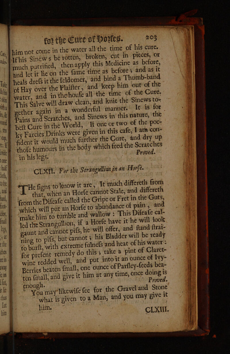 fo? the cute of Dartes. 203 him not come in che water all'the time of his cure. ‘Hifhis Smew s bé rotten, broken, cut in. pieces, or ‘much putrified, then apply this Medicine as before, and let it lie on the fame tine as before s and as it heals drefs it the feldomer, ‘atid bind a Thumb-band 1 of Hay over the Plaifter, and keep him ‘out’ of the | water, and in thehoule all the time of the Cure, _ This Salve will draw clean, and knit the Sinews to~ gether again in a wonderful manner. It. is for Pains and Scratches, and Sinews in this nature, the | beft Cure in the World, | If one or two of the poc- | ky Farcies Drinks were given in this cafe, Tarn ‘con® | dent it would much further the Cure, and dry up in his legs. Proved. CURT. For the Serangullion zn an Horfe. TH figns to know it are, It much differeth from | that, when an Horfe cannot Stale, and differeth from the Difeafe called the Gripe or Fret ‘in the Guts, | which will pat an Horfe to abundance of pain, and make bim to tumble and wallow : This Difeafe cal- led the Strangullion, if a Horfe have it he will look gaunt and cannot pifs, he will offer, and ftand ftrai- ning to pifs, but cannor &gt; his Bladder will be ready “o burft, with extreme fulnels and heat of his water : for prefent remedy do this; take a pint of Claret- wine redded well, and put into it an ounce of Ivy- Berries beaten fmall, one ounce of Parfley-feeds bea- ten {mall, and give it him at any time, once doing is enough. | Proved. * vou may likewife fee for the Graveland Stone “what is given toa Man, and you may give it CLXIUI.