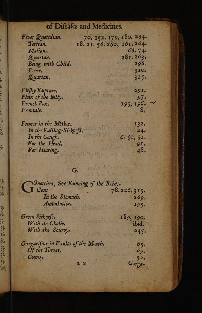 : Fever Ouotidian. 70, 152. 179, 190. 264» Tertian. 18, 21. 56,260, 261. 264. Malign. 68. 745 Quartan. 181, 265. Being with Child. 298. . Fever. | 310. Suartan. ; 325° Flefby Rupture. : | 29I« ‘Flux of tbe Belly. pisi 97° French Pox. 195,196. ^Y Frontale. : 9, Fumes in the Mither. 132. 3 In tbe Falling-S sckpefss 244 In the Cough. 6, 50, 5I. For the Head. 9I, For Hearing. m 48, G. a moe See Running of thé Reins. O€ » Gont * 79.226, 315. AE  In ibe Stomacb. 269. i Ambulative, 195. if fs Green Sicknefs. . i ] With the Cholic. ! ibid. 2 | With the Scurvy. 245. fo, Gargarifms in Faults of the Mouth, on 5, i} Of the Throat, 69. why Gums. | 54. a 2