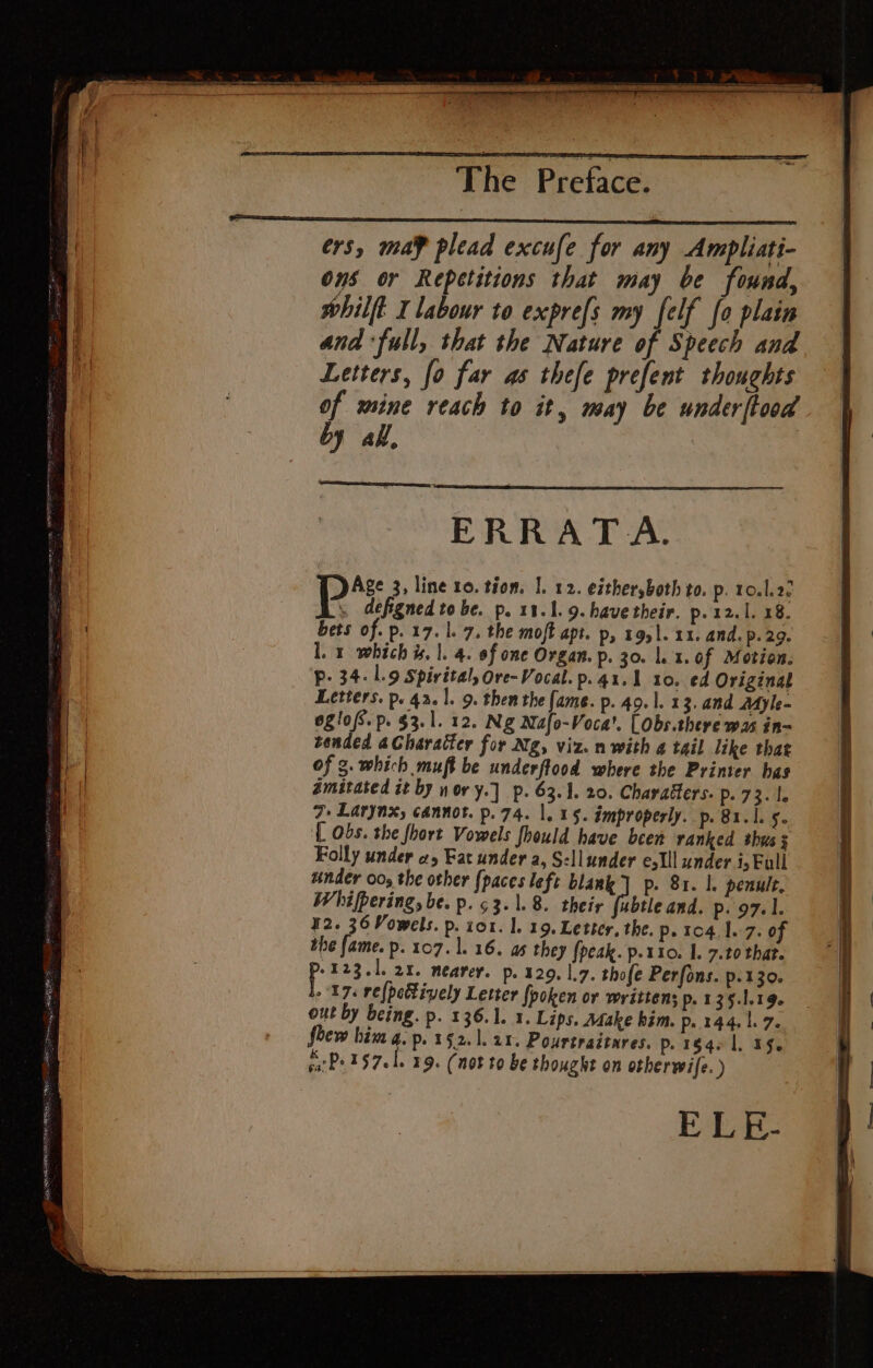 ers, maf plead excufe for any Ampliati- ons or Repetitions that may be found, whilft I labour to expre{s my felf fo plain and ‘full, that the Nature of Speech and Letters, fo far as thefe prefent thoughts of mine reach to it, may be underftood by all, ERRATA. Age 3, line 10. tion. I. 12. either,both to. p. to.].2¢ defigned tobe. p. 11.1. 9. have their. p. 12.1. 18. bets of. p. 17. 1. 7. the moff apt. p, 1951. xx. and. p. 29. l. 1 which i, |. 4. of one Organ. p. 30. lL. 1.0f Motion. p- 34. 1.9 Spivital, ore-Vocal.p. 41.1 10. ed Original Letters. py 42.1. 9. then the fame. p. 49.1. 13. and Myle- eg!o/s.p. $3.1. 12. Ng Nafo-Voca’. [Obs.there was in- bended aGheratter for Ng, viz. mn with a tail like that of 3. which muft be underftood where the Printer has amitated it by nory.] p. 63.1. 20. Charaéters. p.'73.4, J. Larynx, cannot. p.74. 1.15. improperly. p. 81.1. 5. { Obs. the fhort Vowels fhould have been ranked thus 3 Folly under a, Fat under a, Sellunder ell under 15 Full under 00, the orher {paces left blank] p. 81. |. penult, Whifpering, be. p. 63.1.8. their (ubtle and. p. 97.1. I2. 36 Vowels. p. ior. 1. 19. Letter, the. p. 104.1. 7. of the fame. p. 107. 1. 16. as they fpeak. p.1i0. 1. 7.10 that. P 123.1. 21. nearer. p. 120, 1.7. thofe Perfons. p.130. - 17. re(peHively Letter fpoken or written; p- 139.1.19- out by being. p. 136.1. 1. Lips. Atake him. Po.t44. 1. 7. shew him 4. p. 152.121. Pourtraitares. p- 18461. 19. parPe 15701. 19. (not to be thought on otherwife. ) ELE-