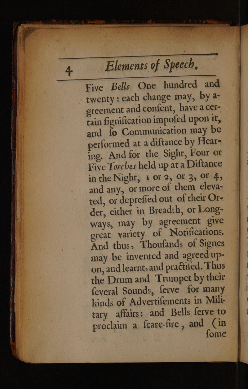 twenty : each change may, by a- greement and confent, have a cer- tain fignification impofed upon it, and fo Communication may be performed at a diftance by Hear- ing. And for the Sight, Four ot Five Torches held up at a Diftance inthe Night, 4 or 2, Of 3, OF 4, and any, or more of them eleva- ted, or deprefled out of their Or- der, either in Breadth, or Long- ways, may by agreement give great varicty of Notifications. And thus, Thoufands of Signes may be invented and agreed up- on, and learnt, and practiled. Thus the Drum and Trumpet by their - feveral Sounds, ferve for many ‘kinds of Advertifements in Mili- cary affairs: and Bells ferve to proclaim a feare-fire, and Cin fome