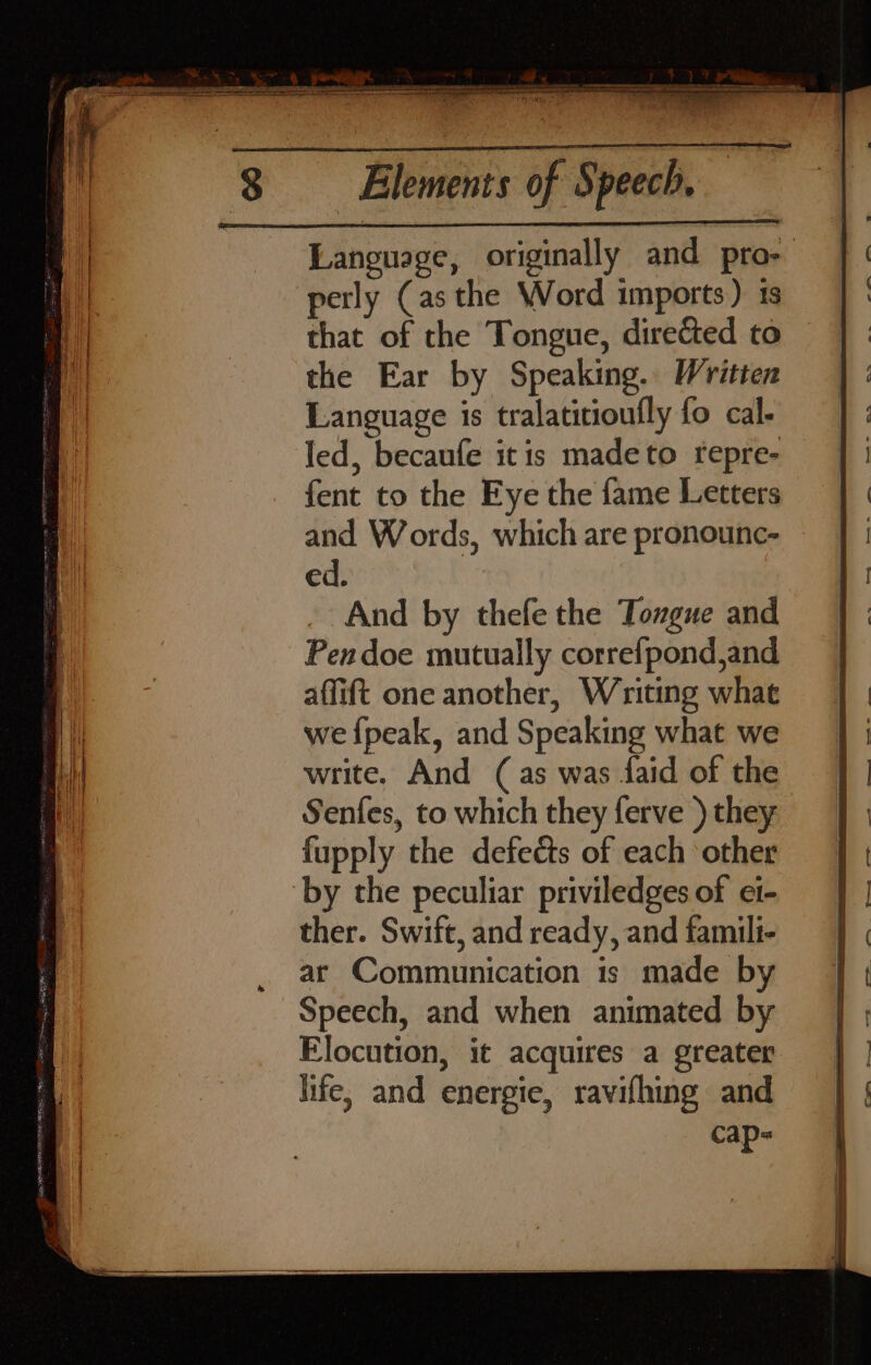 Language, originally and pro- perly (asthe Word imports) 1s that of the Tongue, directed to the Ear by Speaking. Written Language is tralatitioufly fo cal- led, becaufe itis madeto repre- — fent to the Eye the fame Letters and Words, which are pronounc- ed. _ And by thefe the Toxgue and Pen doe mutually correfpond,and affift one another, Writing what we {peak, and Speaking what we write. And (as was faid of the Senfes, to which they ferve ) they fupply the defects of each ‘other by the peculiar priviledges of et- ther. Swift, and ready, and famili- ar Communication is made by Speech, and when animated by Elocution, it acquires a greater life, and energie, ravifhing and cap-=