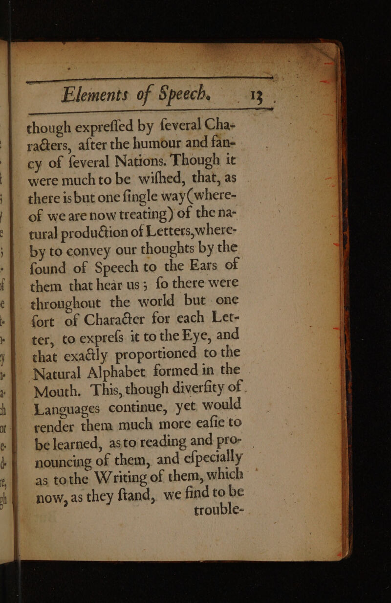 though exprefied by {everal Chas racters, after the humour and fan- cy of feveral Nations. Though it were muchto be wifhed, that, as there isbut one fingle way(where- of we are now treating) of the na- tural production of Letters,where- by to convey our thoughts by the found of Speech to the Ears of them that hear us; fo there were throughout the world but: one fort of Character for each Let- ter, to exprefs it to the Eye, and that exactly proportioned. to the Natural Alphabet formed in the Languages continue, yet would render them much more eafie to nouncing of them, and efpecially now, as they ftand,. we find to be