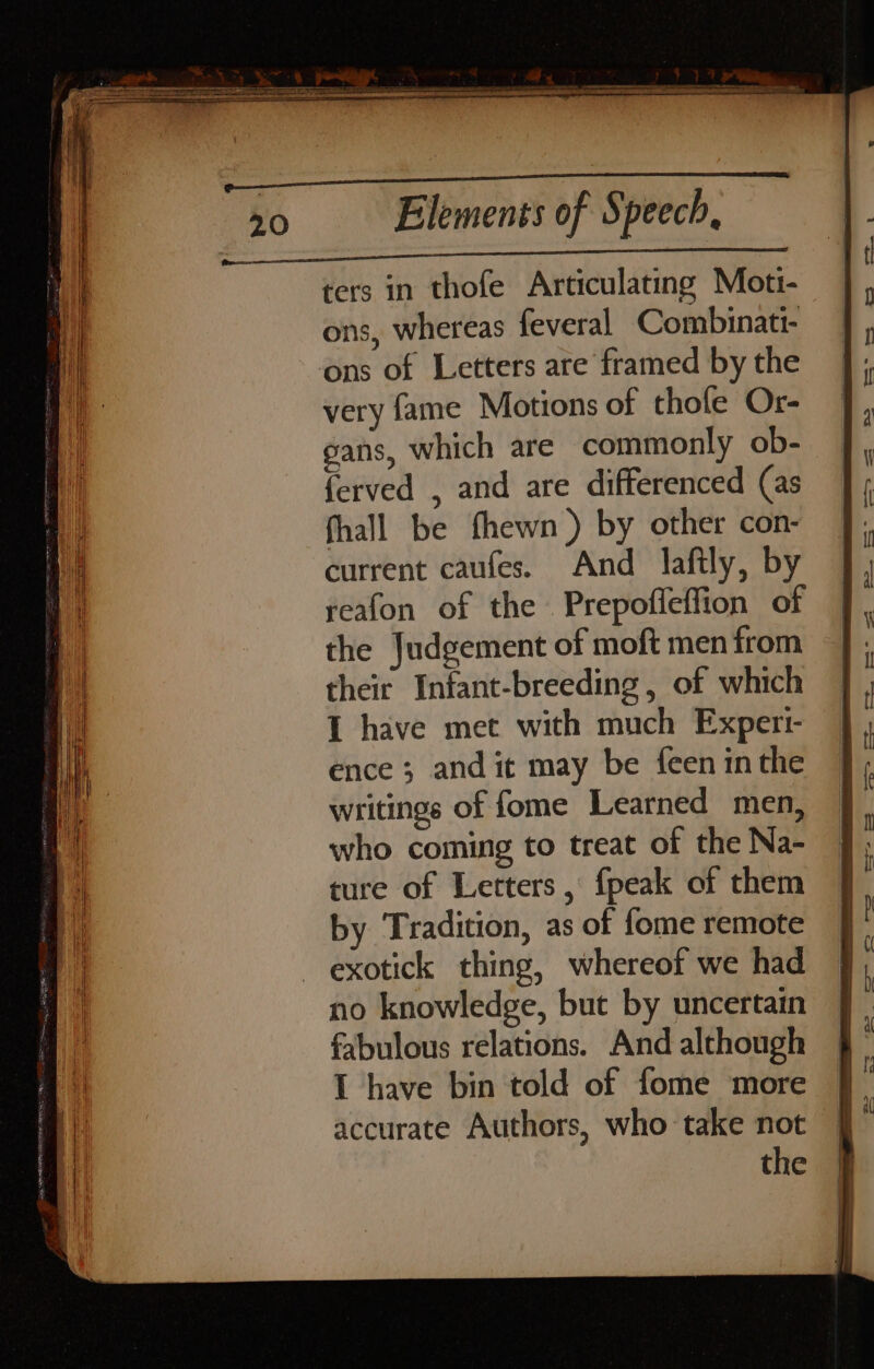 ters in thofe Articulating Mott- ons, whereas feveral Combinati- ons of Letters are framed by the very fame Motions of thofe Or- gans, which are commonly ob- ferved , and are differenced (as fhall be fhewn ) by other con- current caufes. And laftly, by reafon of the Prepofleffion of the Judgement of moft men from their Infant-breeding , of which 1 have met with much Expert- ence; andit may be feen inthe writings of fome Learned men, who coming to treat of the Na- ture of Letters , fpeak of them by Tradition, as of {ome remote exotick thing, whereof we had no knowledge, but by uncertain fabulous relations. And although I have bin told of fome more accurate Authors, who take not the