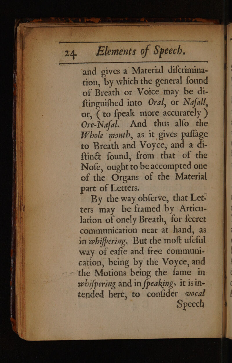 and gives a Material difcrimina- tion, by which the general found of Breath or Voice may be di- ftinguifhed into Oral, or Nafall, or, (to {peak more accurately ) Ore-Nafal. And thus alfo the Whole mouth, as it gives paflage to Breath and Voyce, and a di- ftin&amp; found, from that of the Nofe, ought to be accompted one of the Organs of the Material part of Letters. By the way obferve, that Let- ters may be framed by Articu- lation of onely Breath, for fecret communication near at hand, as in whifpering. But the moft ufeful way of eafie and free communi- cation, being by the Voyce, and the Motions being the fame in whifpering and in fpeaking, it 1s n- tended here, to confider wocal Speech