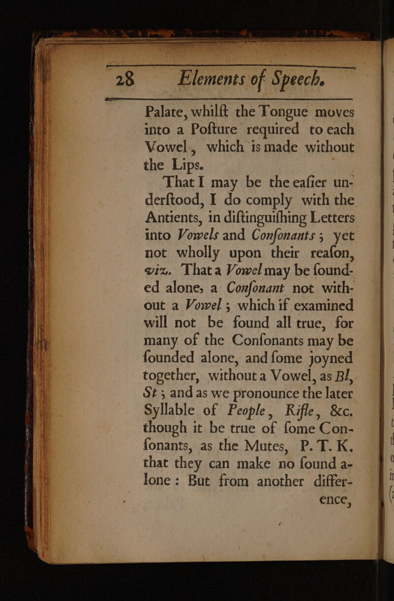 Palate, whilft the Tongue moves into a Pofture required to each Vowel, which is made without the Lips. That I may be the eafier un- derftood, I do comply with the Antients, in diftinguifhing Letters into Vowels and Confonants ; yet not wholly upon their reafon, viz. Thata Vowel may be found- ed alone, a Confonant not with- out a Vowel ; which if examined will not be found all true, for many of the Confonants may be founded alone, and fome joyned together, without a Vowel, as Bl, St; and as we pronounce the later Syllable of People, Rifle, &amp;c. though it be true of fome Con- fonants, as the Mutes, P. T. K. that they can make no found a- lone: But from another differ- ence,