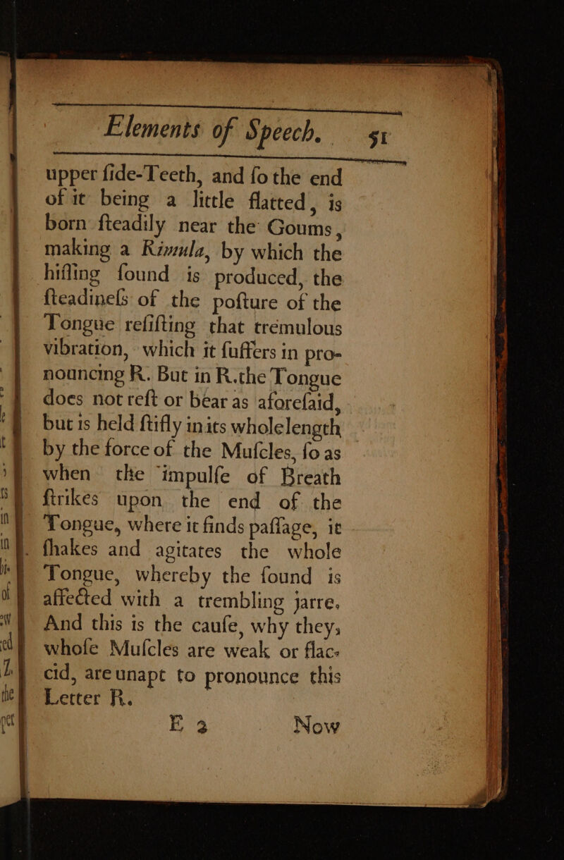 Elements of Speech. 1 upper fide-Teeth, and fo the end of it being a little flatted, is born fteadily near the Goums, making a Riwula, by which the hifling found is produced, the fieadinels of the pofture of the Tongue refifting that tremulous vibration, which it fuffers in pro- | nouncing R. But in R.the Tongue /§ does not reft or bear as aforefaid, | butts held ftifly inits wholelength ‘by the force of the Mufcles, foas if when tke ‘impulfe of Breath | firikes upon the end of the Tongue, where it finds paflage, it |. fhakes and agitates the whole is Tongue, whereby the found is H} affected with a trembling jarre, NW) And this is the caufe, why they, ol whofe Mufcles are weak or flac: L) cid, areunapt to pronounce this Lerter R. |