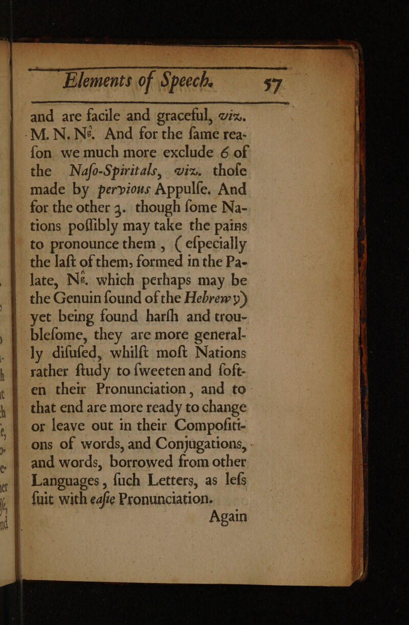 Elements of Speech. $7 and are facile and graceful, wiz. .M. N. Ne. And for the fame rea- fon we much more exclude 6 of the Nafo-Spiritals, viz. thole made by pervious Appulfe. And for the other 3. though fome Na- tions poflibly may take the pains to pronounce them , ( efpecially the laft of them, formed in the Pa- late, Ne. which perhaps may be — the Genuin found of the Hebrewy) yet being found harlh and trou- , | blefome, they are more general- _} ly difufed, whilft moft Nations , ) rather ftudy to{weeten and foft- : en their Pronunciation, and to. 5 | that end are more ready to change . | or leave out in their Compofitt- _} ons of words, and Conjugations, . } and words, borrowed from other | Languages, {uch Letters, as lefs y, } fuse with eafe Pronunciation.