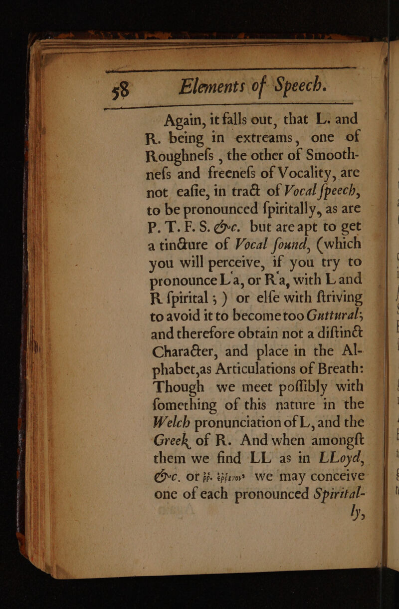 Again, it falls out, that L. and R. being in extreams, one of Roughnefs , the other of Smooth- nefs and freenefs of Vocality, are not eafie, in tract of Vocal {peech, to be pronounced {piritally, as are P.T.F.S. @c. but are apt to get a tin@ure of Vocal found, (which you will perceive, if you try to pronounce La, or Ra, with Land R fpirical ; ) or elfe with ftriving to avoid itto becometoo Guttural; and therefore obtain not a diftinct Charaéter, and place in the Al- phabet,as Articulations of Breath: Though we meet poffibly with fomething of this nature in the Welch pronunciation of L, and the. Greek of R. And when amongft them we find LL as in LLoyd, one of each pronounced Spirital- ly,