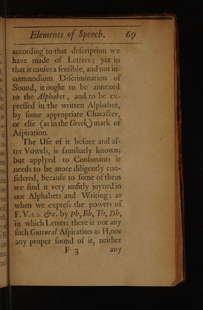 according’ to that defcriptton we. have made of Letters; yet in that it caufesa fenfible, and not in- commodious Difcrimination of Sound, it ought to be annexed to the Alphabet , and to be ex- prefied in the written Alphabet, by fome appropriate Character, or elfe (asinthe Greek) mark of A{piration. The Ufe of it before and af- but applyed to Confonants it needs to be more diligently con- fidered, becaufe to fome of them we find it very unfitly joynedin our Alphabets and Writing; as when we exprefs the powers of F.V.2.9. Oe. by Pb, Bh, Th, Dh, in which Letters there is not any fuch Guttural Afpiration as H,nor any proper found of it, neither 3 any