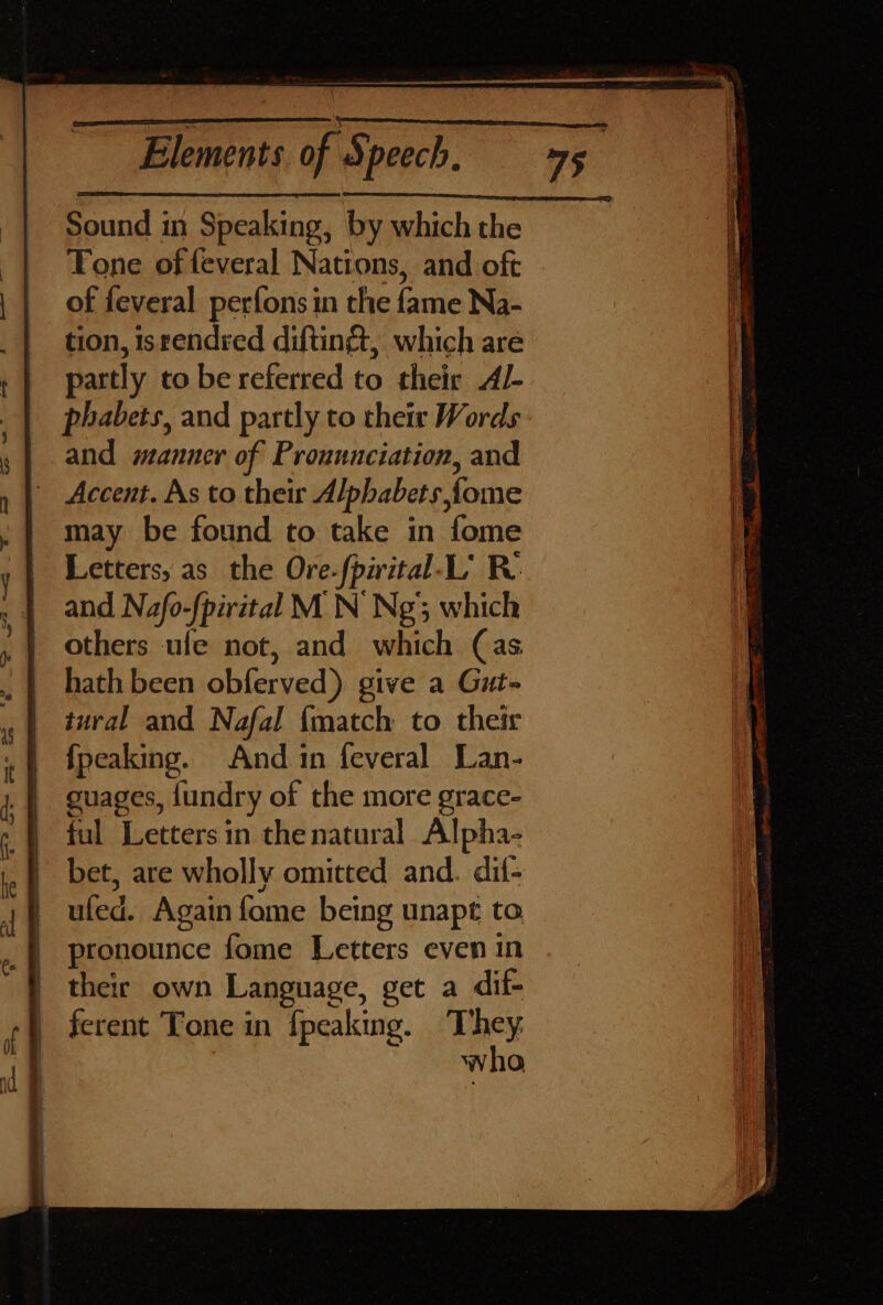 Sound in Speaking, by which the Tone of feveral Nations, and oft of feveral perfons in the fame Na- tion, isrendred diftingt, which are partly to be referred to their Al- phabets, and partly to thetr Words and manner of Pronunciation, and Accent. As to their Alphabets fome may be found to take in fome Letters, as the Ore-fpirital-L’ R. and Nafo-{pirital M N Ng; which others ule not, and which (as hath been obferved) give a Gut- tural and Nafal {match to their fpeaking. And in feveral Lan- guages, {undry of the more grace- ful Letters in the natural Alpha- bet, are wholly omitted and. dif- uled. Again fome being unapt to pronounce fome Letters even in theic own Language, get a dif- ferent Tone in fpeaking. They, who