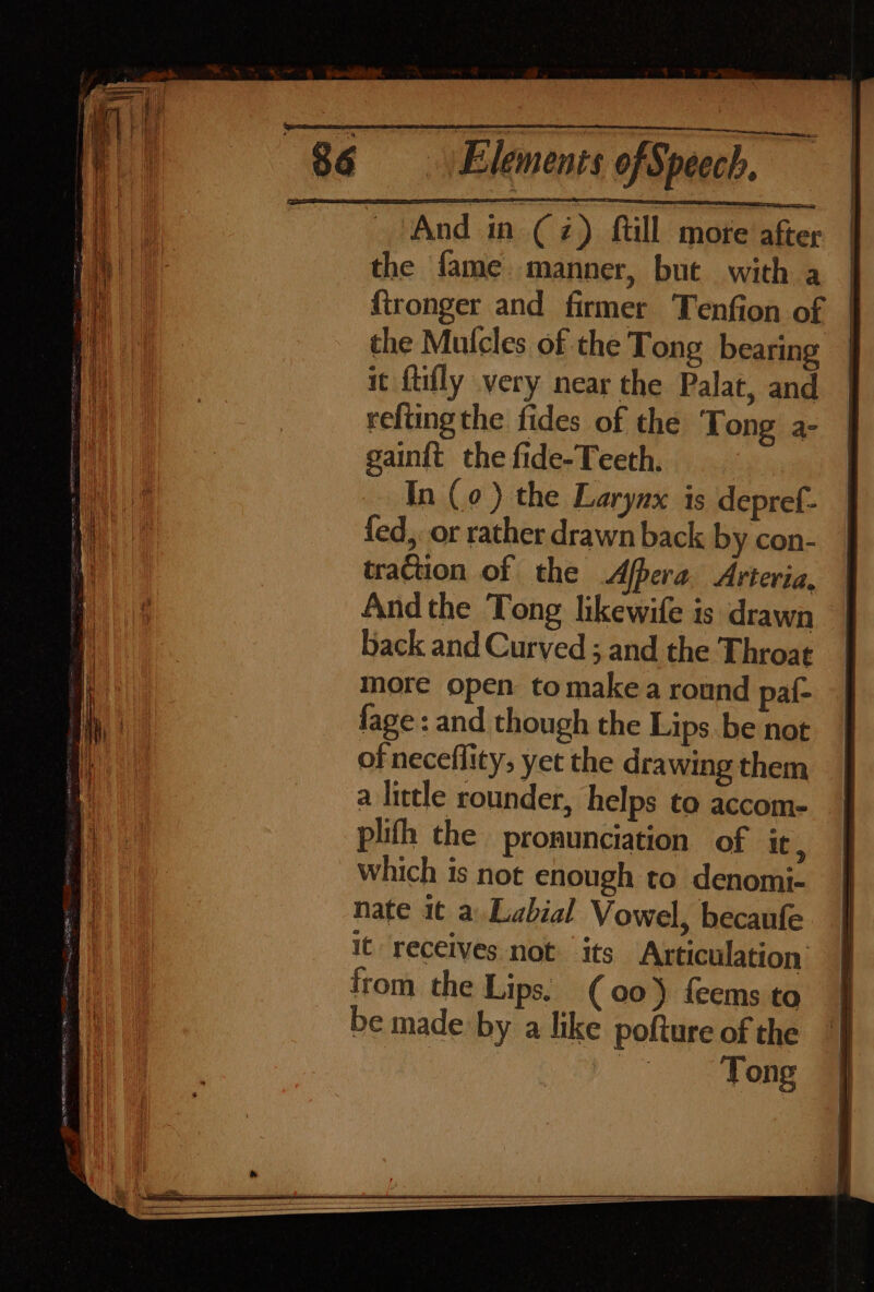 And in (2) fill mote after the fame manner, but with a {tronger and firmer Tenfion of the Mulcles of the Tong bearing it ftifly very near the Palat, and refting the fides of the Tong a- gaint the fide- Teeth. In (0) the Larynx is depref- fed, or rather drawn back by con- traction of the Afpera. Arteria, Andthe Tong likewife is drawn back and Curved ; and the Throat more open tomake a round paf- fage : and though the Lips. be not of neceflity, yet the drawing them a little rounder, helps to accom- plifh the pronunciation of it , which is not enough to denomi- nate it a Labial Vowel, becaufe ic receives not ‘its Articulation from the Lips. (00) {eems to be made by a like pofture of the |