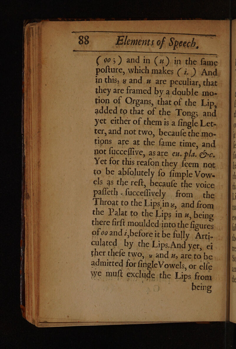 ( 903) and in (x), in the fame pofture, which makes (i. ) And in this, y and # are peculiar, that they are framed by adauble mo- tion of Organs, that of the Lip, added to that of the Tong; and yet either of them is a fingle Let- ter, and not two, becaufe the mo- tions are at the fame time, and not fucceflive, asare eu. pla. Cre. Yet for this reafon they feem not to be abfolutely fo fimple Vow- els as the reft, becaufe the voice paileth . fucceilively from the Throat to the Lips ing, and from the Palat to the Lips in x, being there firft moulded into the figures of 00 and z,before it be fully Artj- culated by the Lips.And yet, ei ther thefe two, » and m, are to be admitted for fingle Vowels, or elfe we muft exclude the Lips from CREEL S09 pn, 1 alu bei