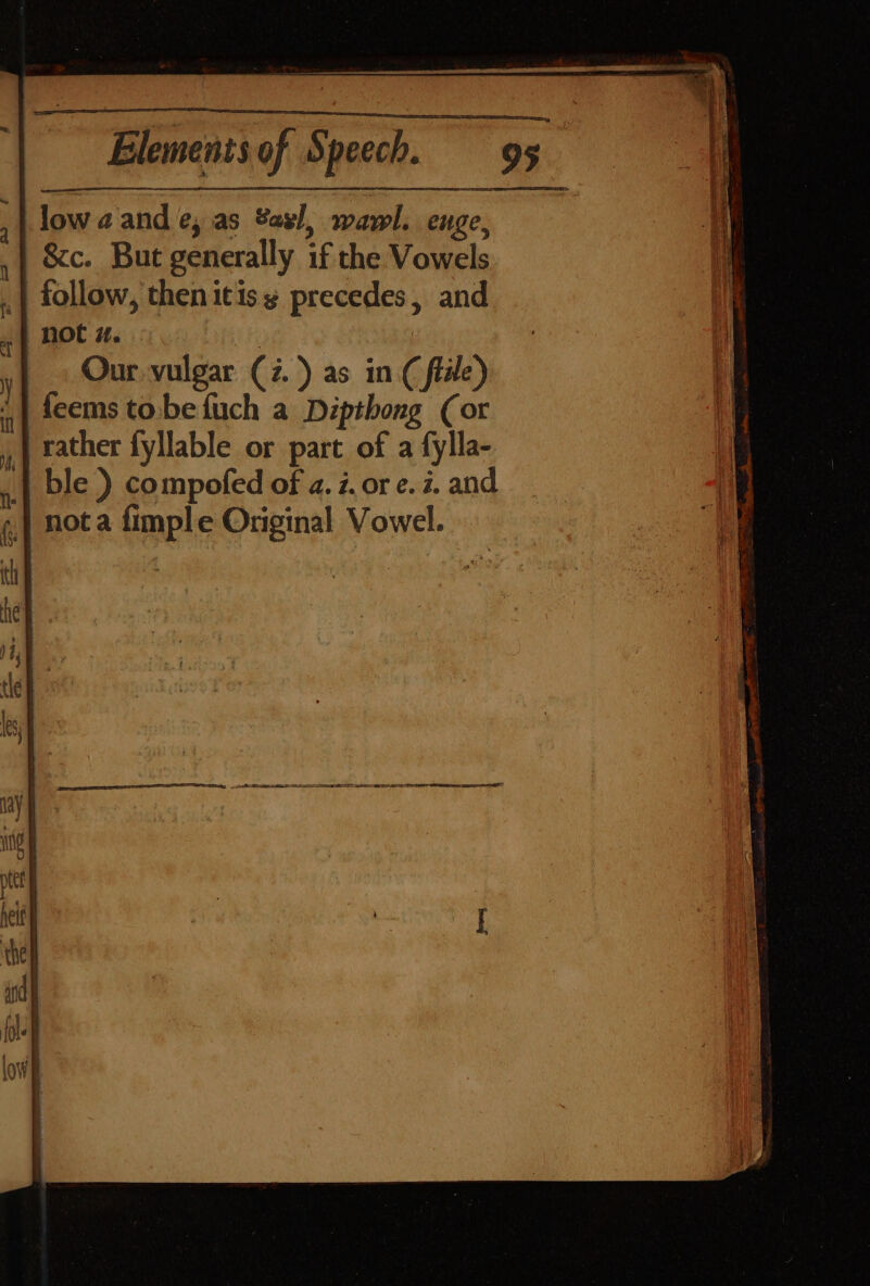 low a and e, as Yas), wal. enge, &amp;c. But generally if the Vowels follow, then itis y precedes, and not i. | Our vulgar (2. as in ( ftile) feems to.be fuch a Dipthong (or rather fyllable or part of a fylla- | ble ) compofed of a. z. or e. z. and ;,| nota fimple Original Vowel.