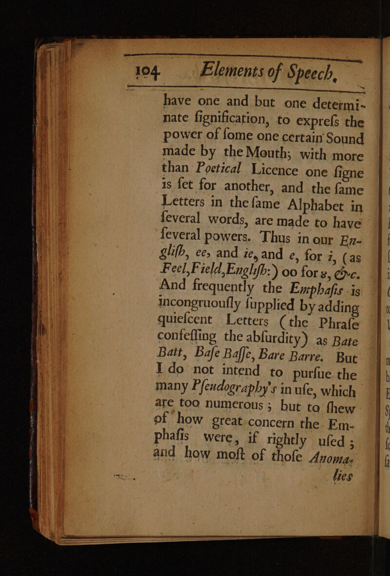 have one and but one determi- nate fignification, to exprels the power of fome one certain Sound made by the Mouth; with more than Poetical Licence one figne as fet for another, and the fame Letters in the fame Alphabet in feveral words, are made to have feveral powers. Thus in our En- glifb, ee, and ie, and e, for z, (as Feel,Field,Enghfh:) oo for v, Gvc. And frequently the Emphafis is incongruoufly fupplied by adding quiefcent Letters (the Phrafe contefling the abfurdity) as Bate Batt, Bafe Baffe, Bare Barre. But Ido not intend to purfue the many Pfendography’s in ufe, which are too numerous ; but ta thew of how great concern the Em- phafis were, if rightly ufed ; and how moft of thofe Anoma. lies