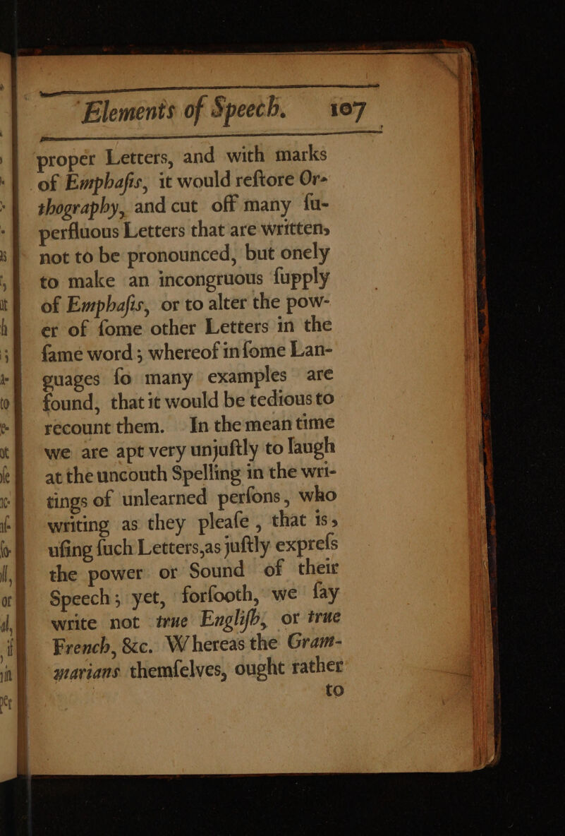 proper Letters, and with marks ‘fof Empbafis, it would reftore Or- ‘| hograpby, and cut off many fu- | perfluous Letters that are writtens 8 | not to be pronounced, but onely , to make an incongruous fupply it} of Emphafis, or to alter the pow- hf er of fome other Letters in the {ame word ; whereof infome Lan- guages fo many examples are of found, thatit would be tedious to «recount them. In the mean time tf} we are apt very unjuftly to Tangh tf) atthe uncouth Spelling in the wii- cf tings of unlearned perfons, who | writing as they pleafe , that is, ufing {uch Letters,as juftly exprels the power or Sound of their | a Speech; yet, forfooth, we fay i i, write not tre Englifb, or true dl French, &amp;c. Whereas the Gram- i | -marians themfelves, ought rather i i st ta tr to