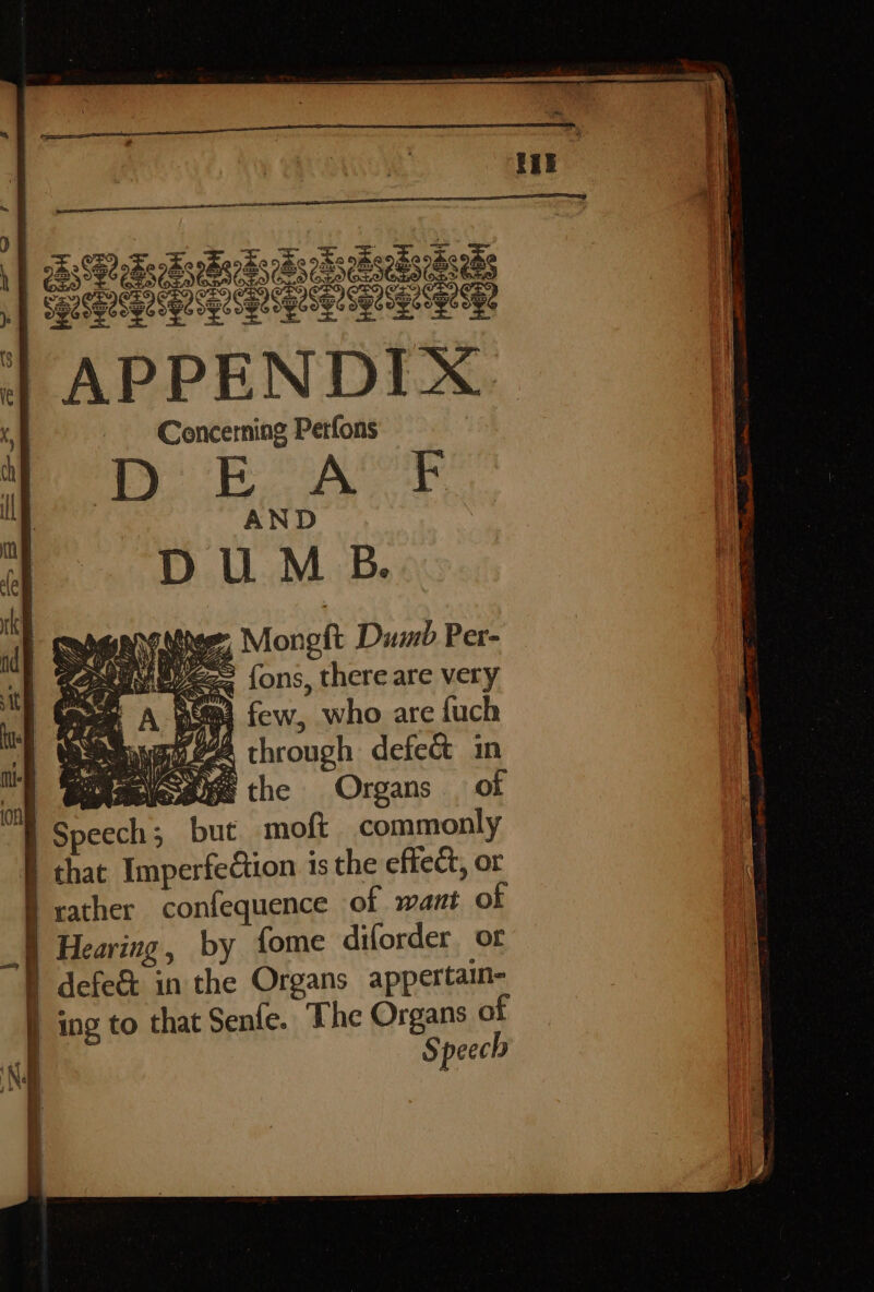 Pe ee SR Oe | APPENDIX k, _ Cencerning Perfons | 8 A Oe ey ms | AND ee DUMB. G Mihegt Moneft Dumb Per- Meyess fons, there are very 0%) few, who are fuch so A through defect in ENaeisane the Organs of | Speech; but moft commonly f that Imperfection is the effect, or S rather confequence of want of i Hearing, by fome diforder. or § defe&amp; in the Organs appertain- | ing to that Senfe. The Organs of nh Speech